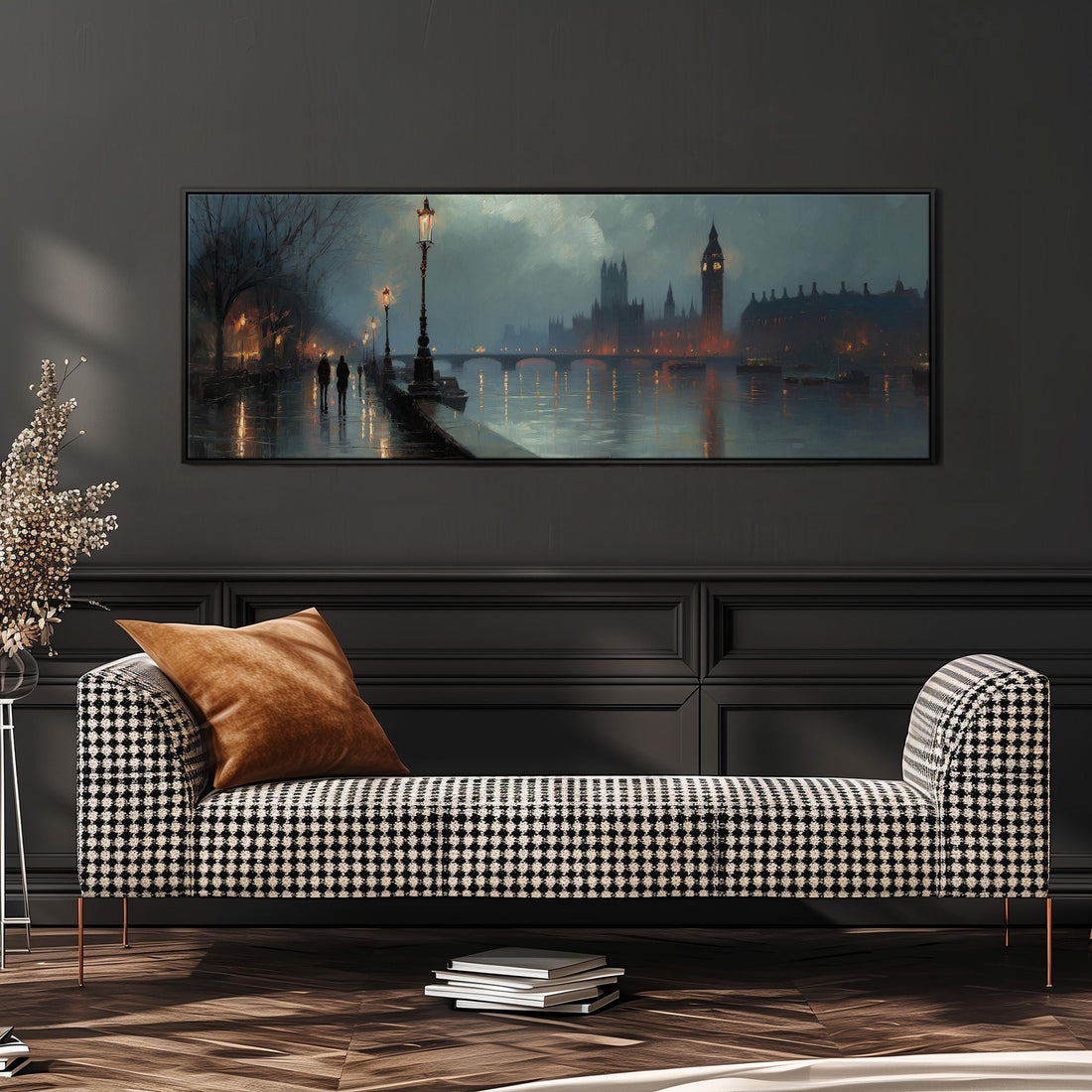 a large, framed painting of a cityscape with a river and a clock tower in the background, hanging on a wall above a black and white checkered sofa.