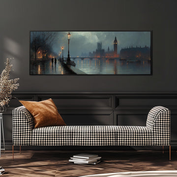 a large, framed painting of a cityscape with a river and a clock tower in the background, hanging on a wall above a black and white checkered sofa.