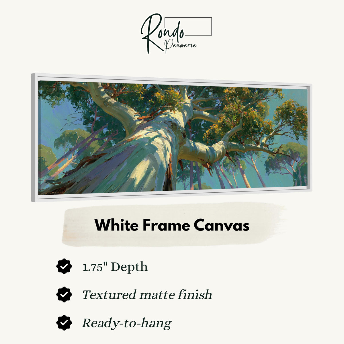 Eucalyptus canopy against a blue sky canvas print in a white floating frame