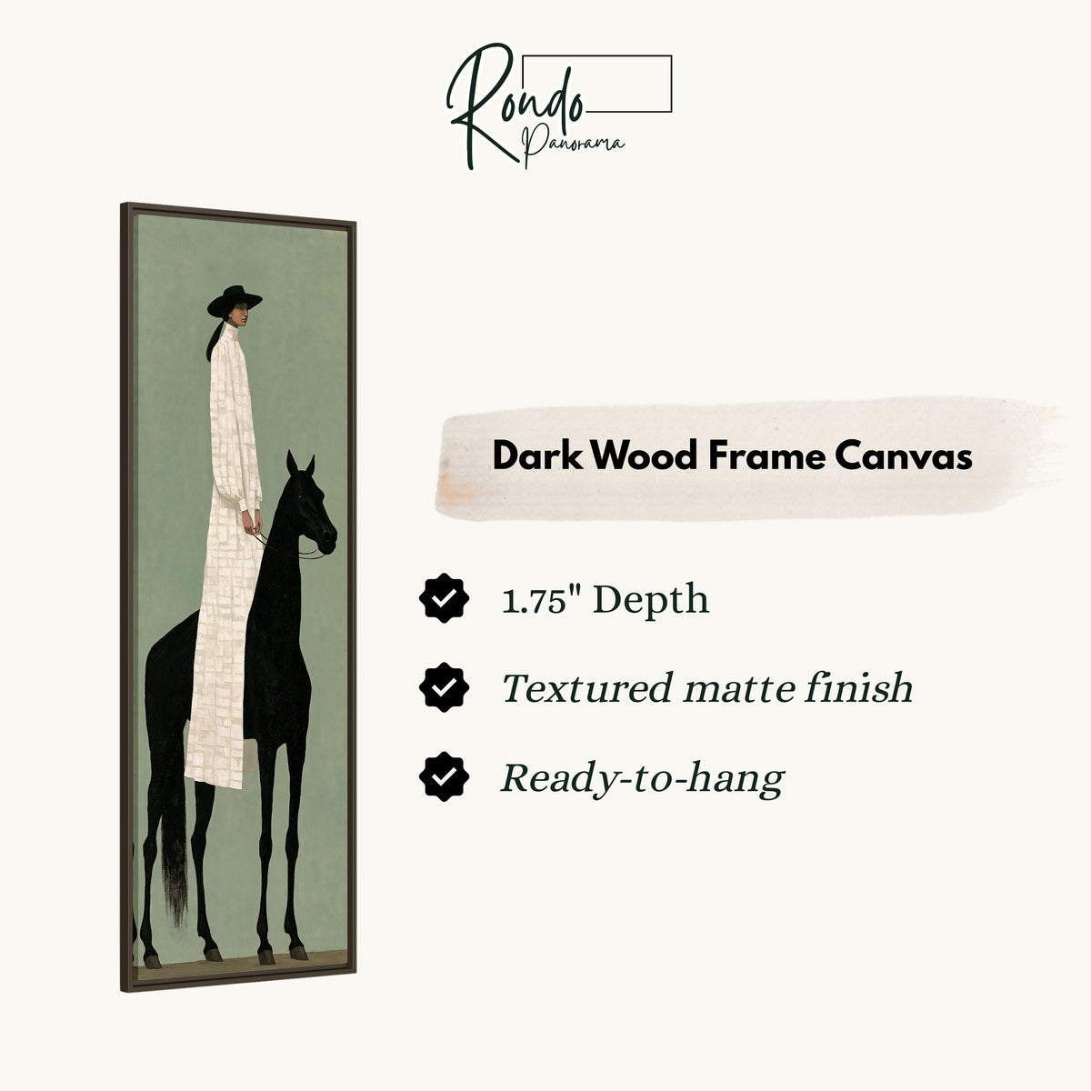 Woman in a long coat beside a black horse canvas print in a dark wood floating frame