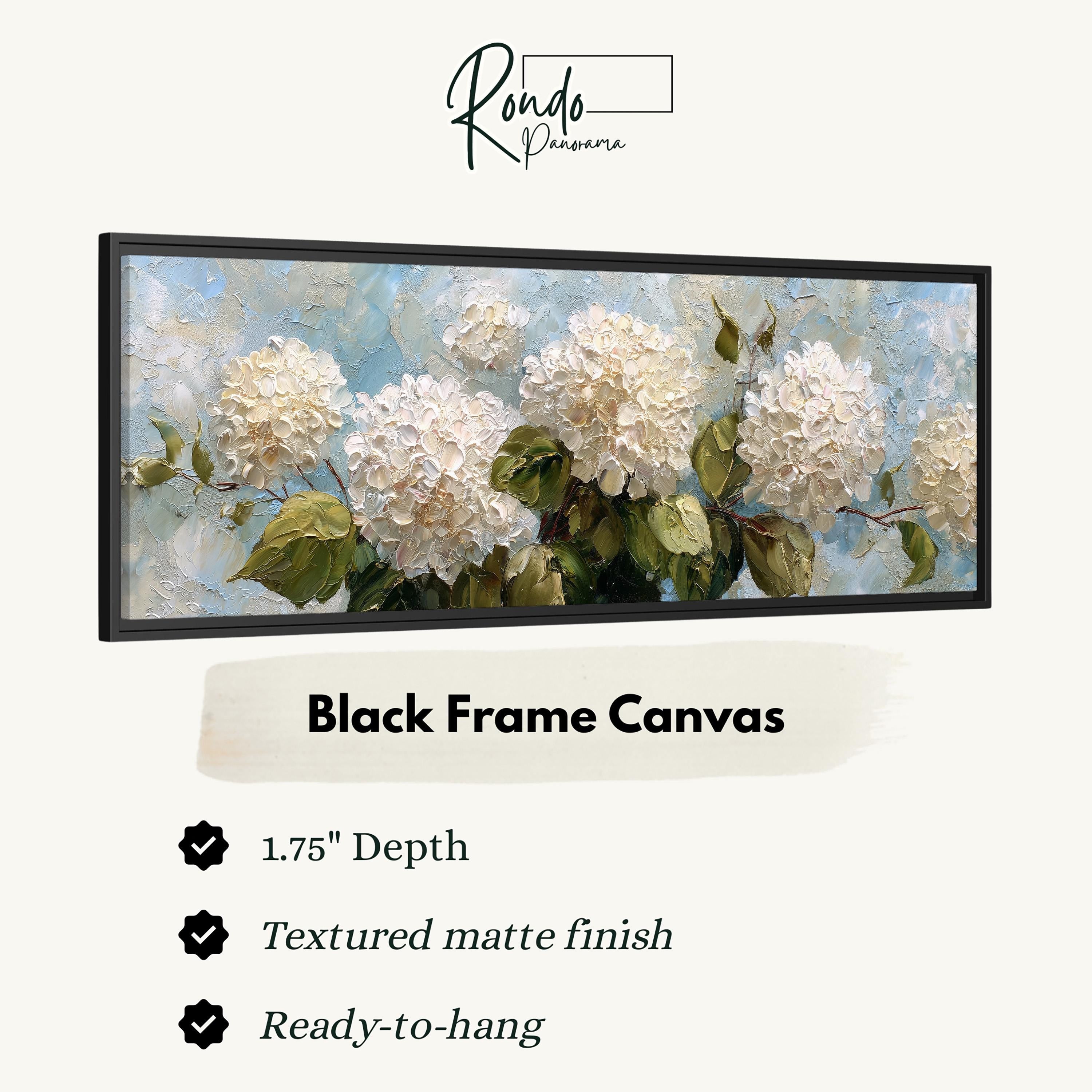 The image is a black frame canvas featuring a painting of white hydrangea flowers with green leaves.