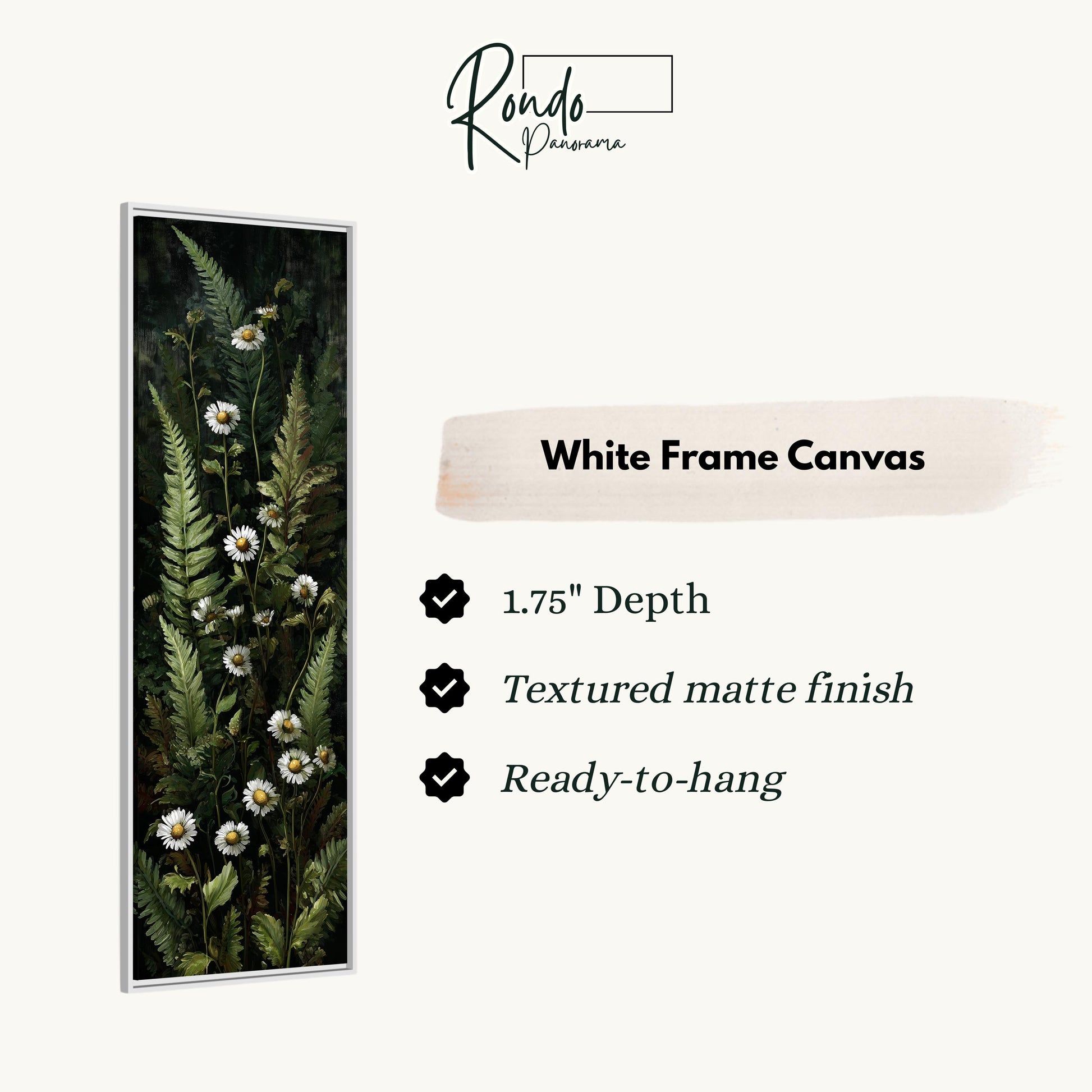 The image is a white frame canvas featuring a painting of green ferns and white daisies.