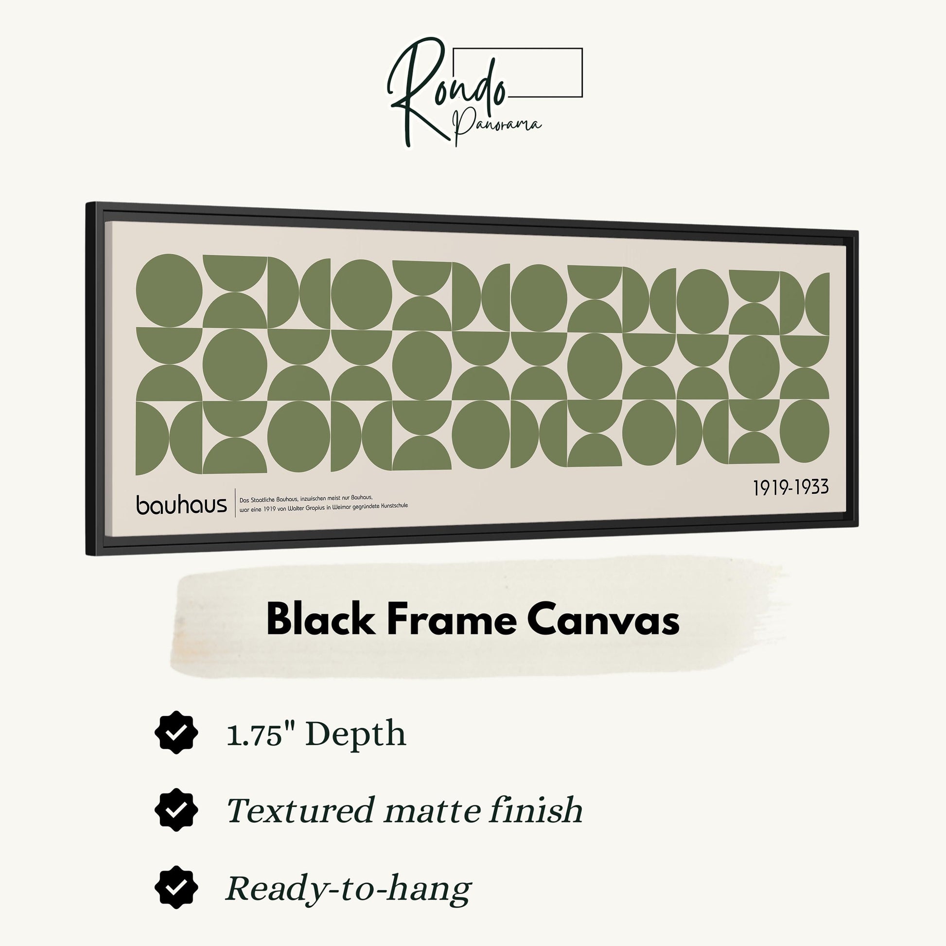 The image is a black frame canvas with a geometric pattern of green circles and ovals.