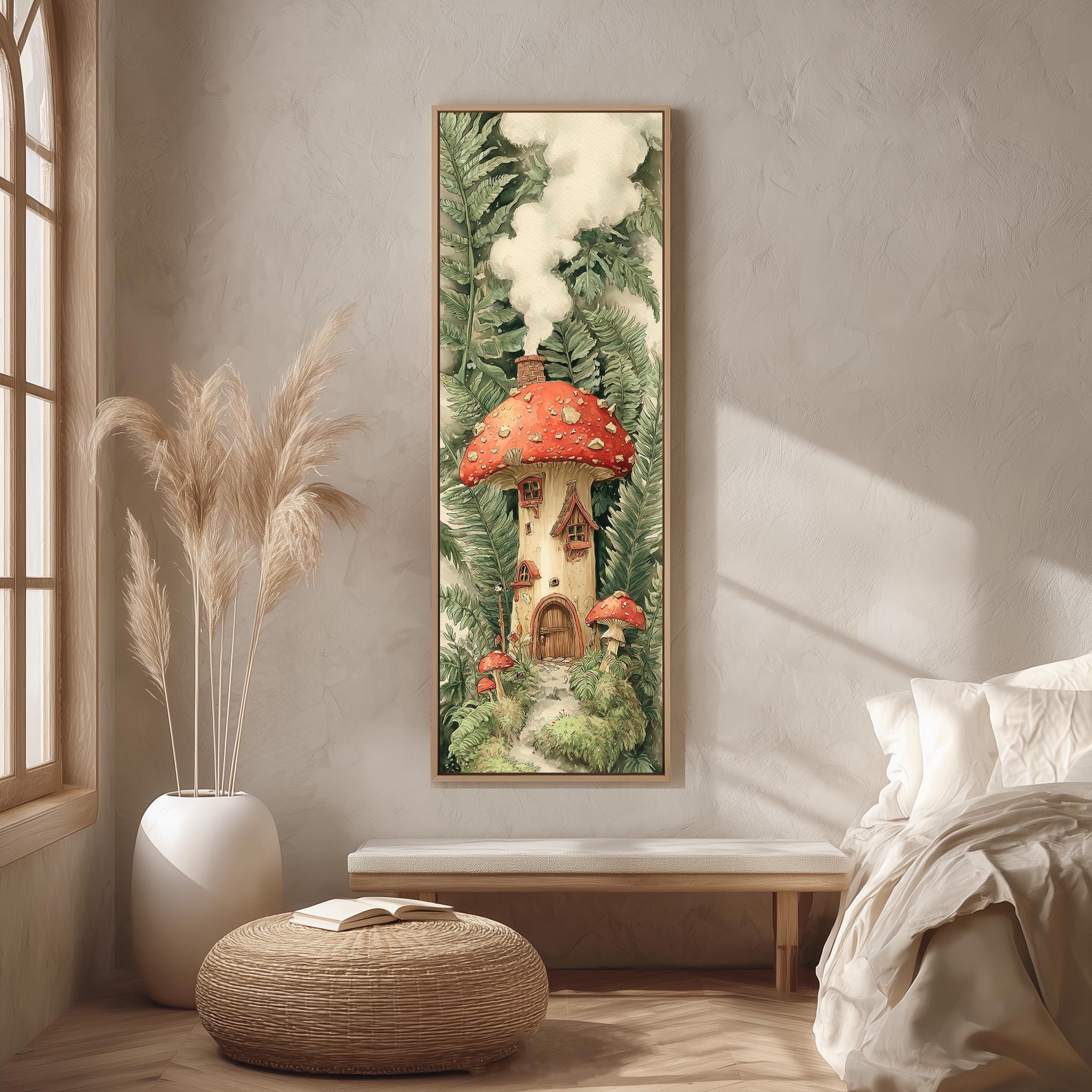a cozy and whimsical bedroom scene with a large mushroom house as the focal point. The mushroom house is surrounded by lush greenery, creating a magical and enchanting atmosphere. The room is decorated with a comfortable bed, a bench, and a potted plant, adding to the overall charm of the space. The room is bathed in natural light, which enhances the warmth and inviting feel of the space.