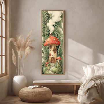a cozy and whimsical bedroom scene with a large mushroom house as the focal point. The mushroom house is surrounded by lush greenery, creating a magical and enchanting atmosphere. The room is decorated with a comfortable bed, a bench, and a potted plant, adding to the overall charm of the space. The room is bathed in natural light, which enhances the warmth and inviting feel of the space.
