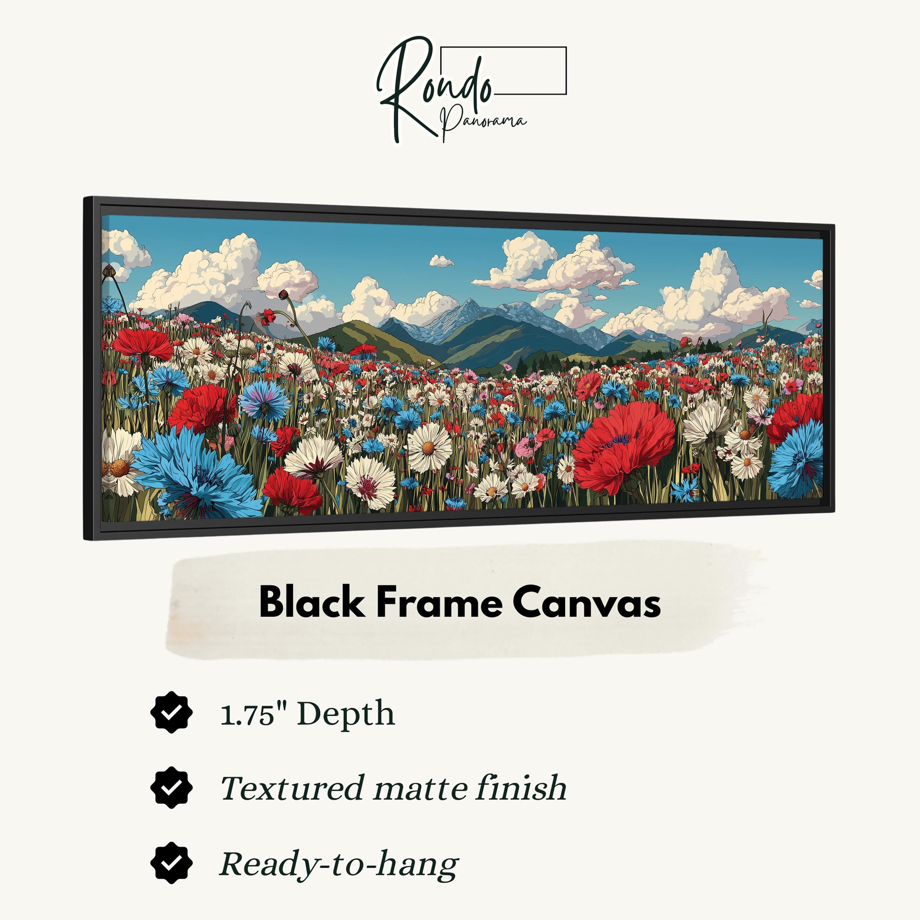 A framed canvas depicting a vibrant field of flowers with mountains in the background.