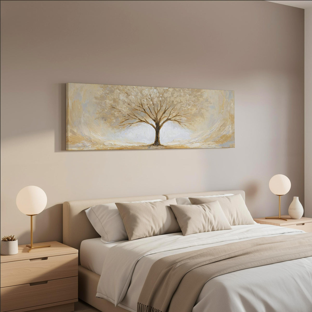 Golden winter tree wide panoramic canvas print above a bed in a neutral bedroom