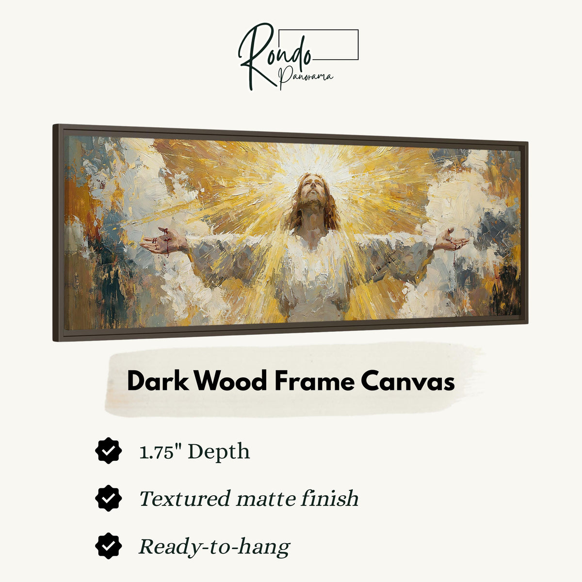 Risen Christ in golden light canvas print in a dark wood floating frame
