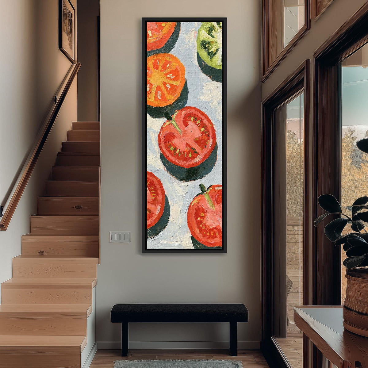 Sliced tomatoes long vertical canvas print in a bright reading corner