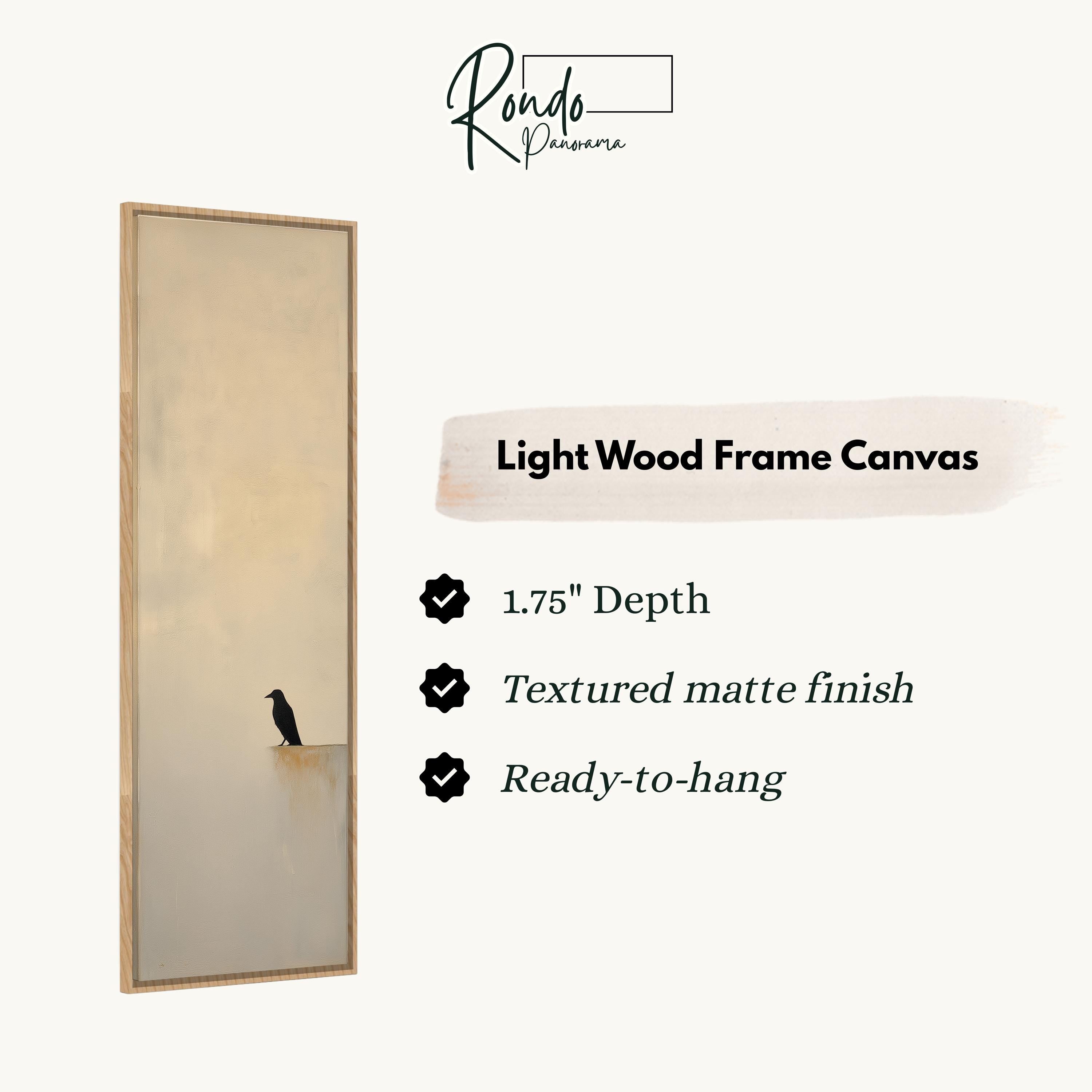a light wood frame canvas with a black bird perched on a ledge.