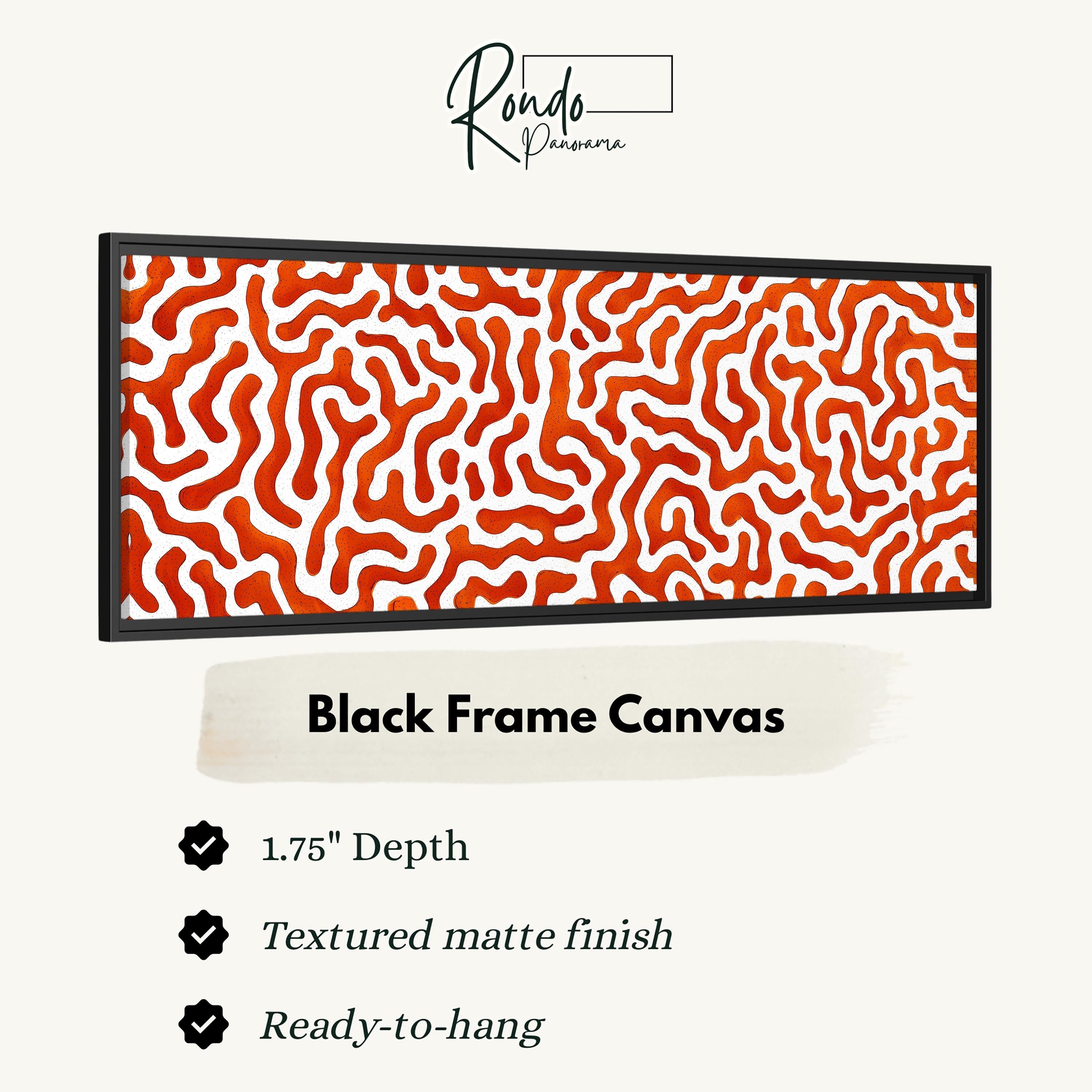 a black frame canvas with a striking red and white abstract pattern. The canvas has a 1.75" depth and is textured with a matte finish, making it ready to hang.