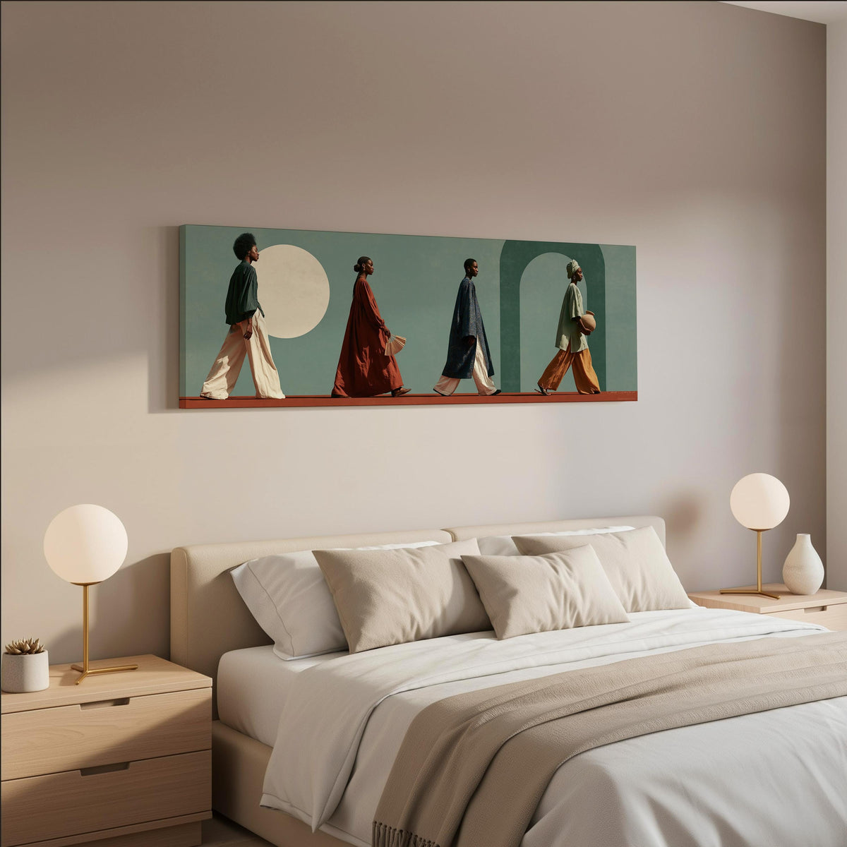 Women walking past arches and a pale moon wide panoramic canvas print above a bed in a neutral bedroom