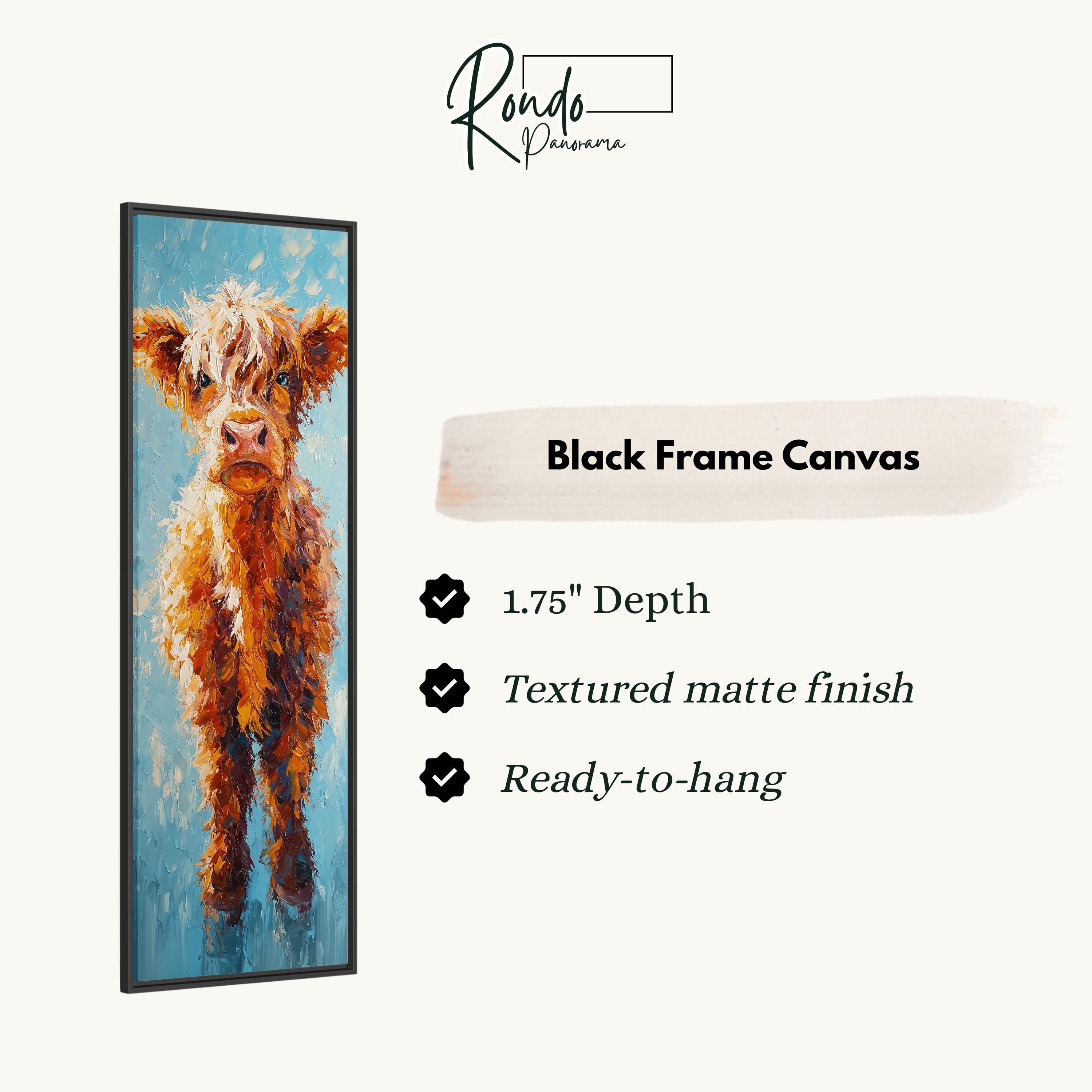 The image is a black frame canvas depicting an orange cow with a textured finish.