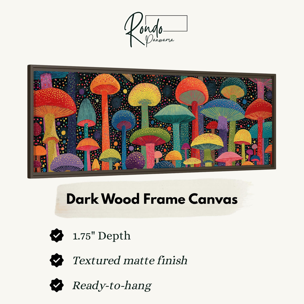 Colorful dotted mushrooms at midnight canvas print in a dark wood floating frame
