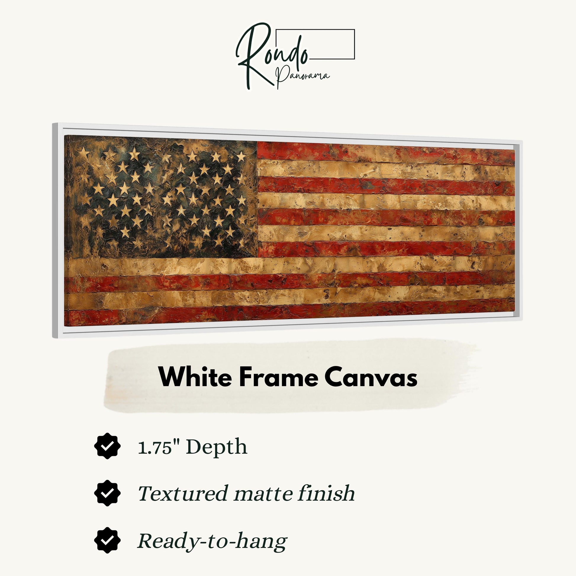 a large, white-framed canvas depicting the American flag.