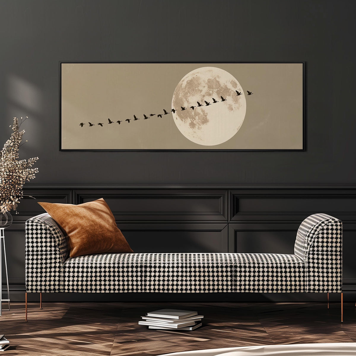 Geese flying past a full moon wide panoramic canvas print above a bench in a dark living room