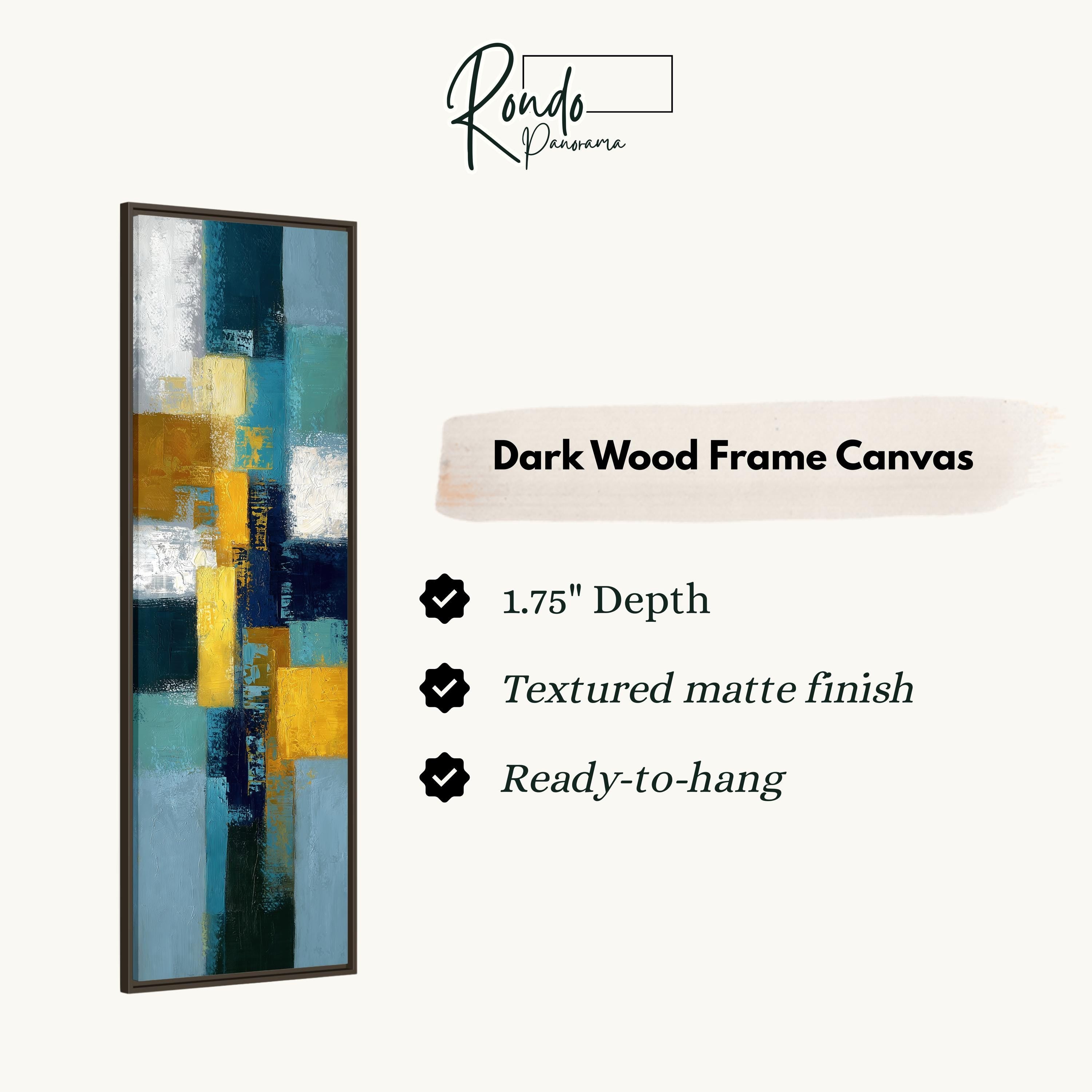 The image is a product advertisement for a dark wood frame canvas. It features a vertical painting with a textured finish and a 1.75" depth. The text highlights the features of the canvas, such as the textured matte finish and the ready-to-hang nature.