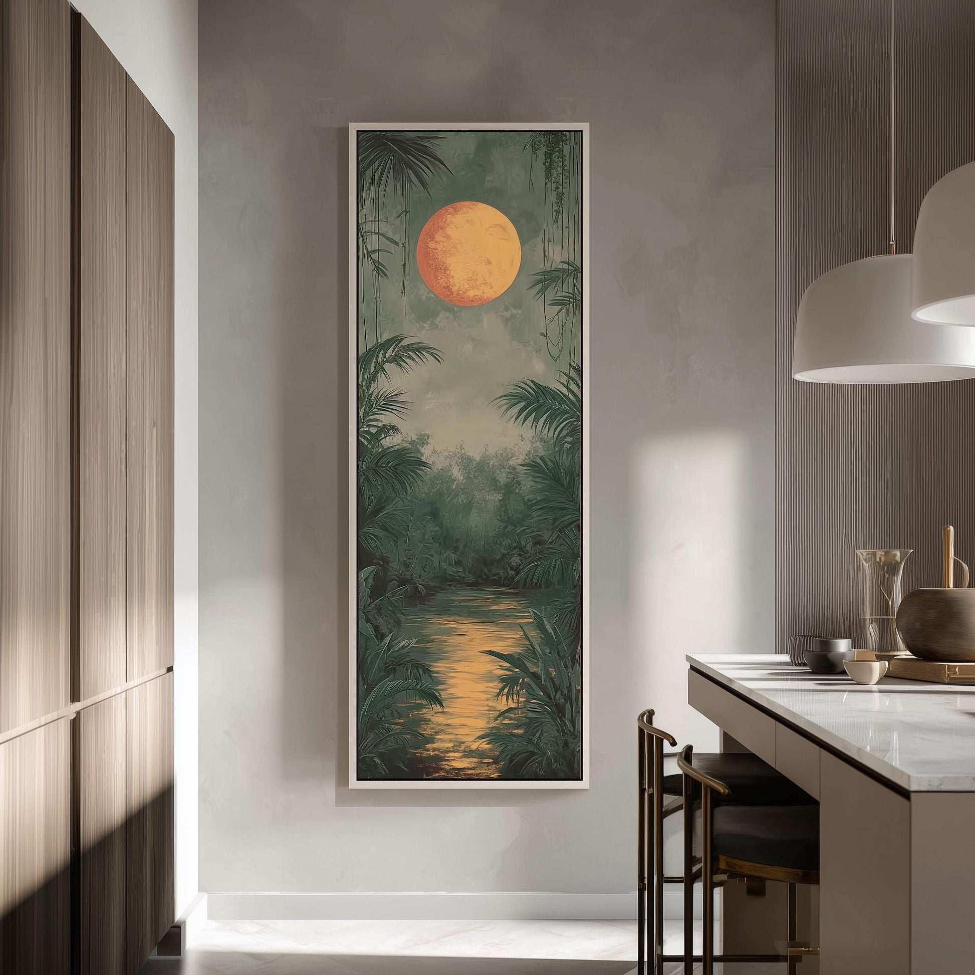 a large, framed painting of a tropical landscape with a large orange sun in the sky, surrounded by lush greenery and a winding river.