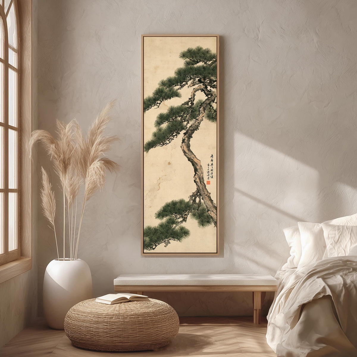 Twisting pine tree with calligraphy long vertical canvas print in a bright reading corner
