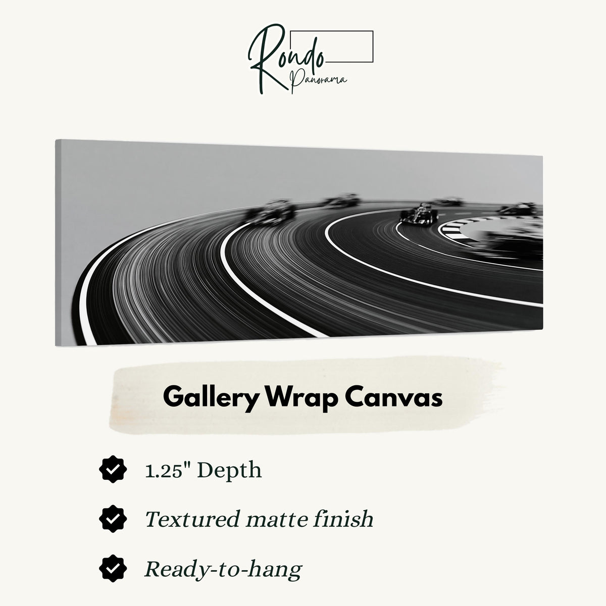 Race cars sweeping around a curve in black and white gallery wrap canvas with the image wrapped around the edges