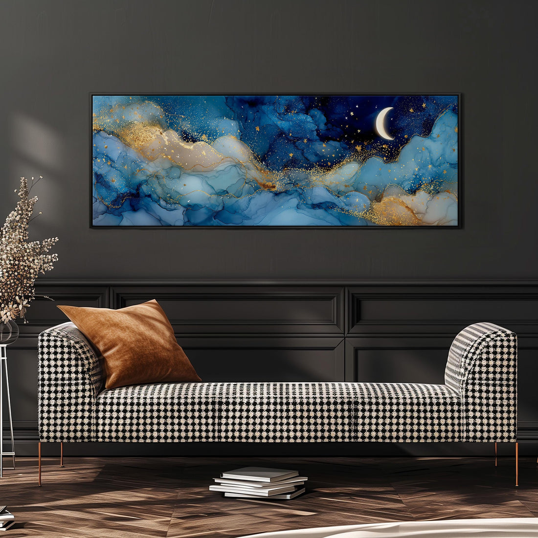 a large bedroom with a bed adorned with white pillows and a blue and gold abstract painting hanging above it.