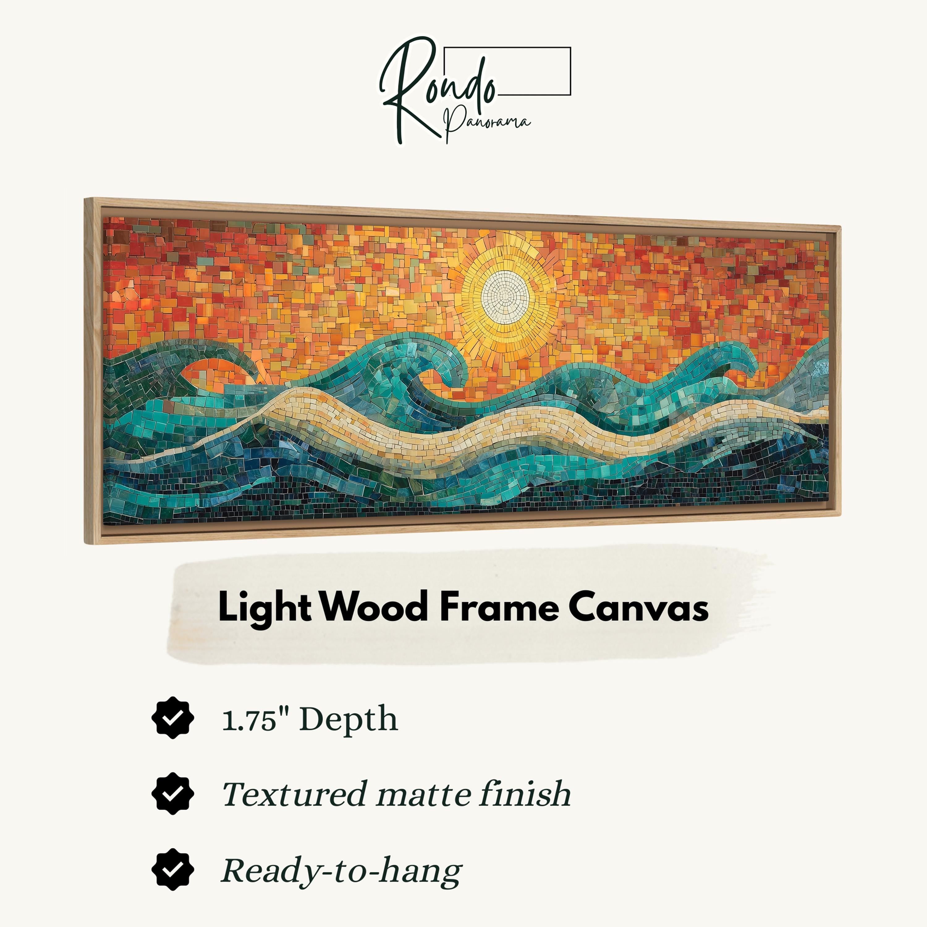 The image is a light wood frame canvas featuring a vibrant mosaic artwork depicting a sunset over a body of water.
