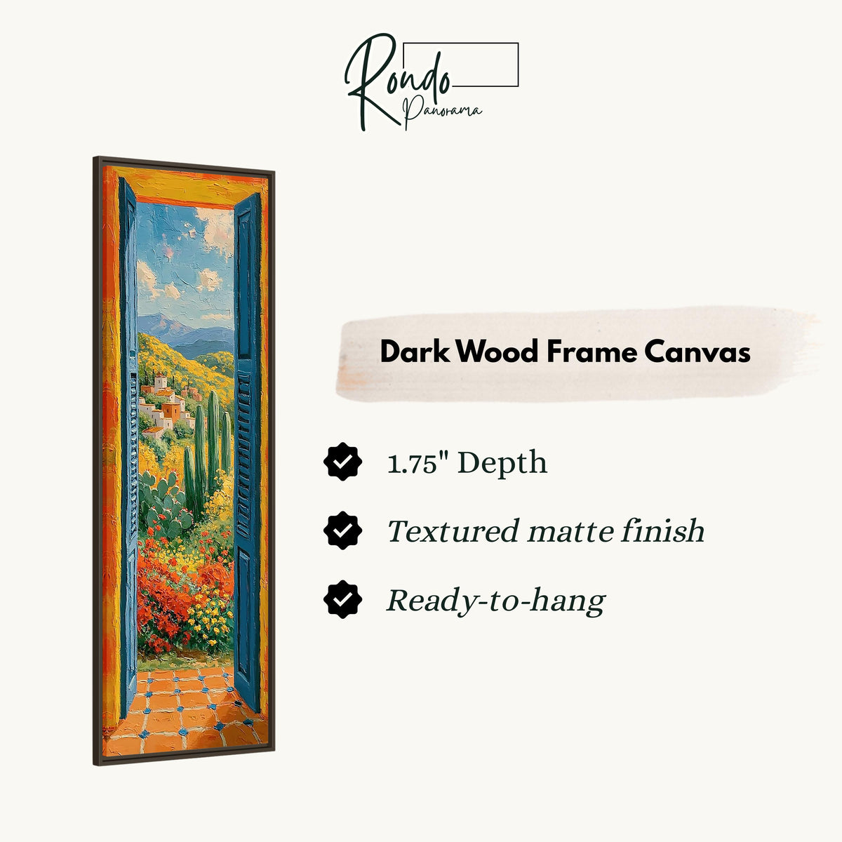 Open blue door onto a Mediterranean valley canvas print in a dark wood floating frame