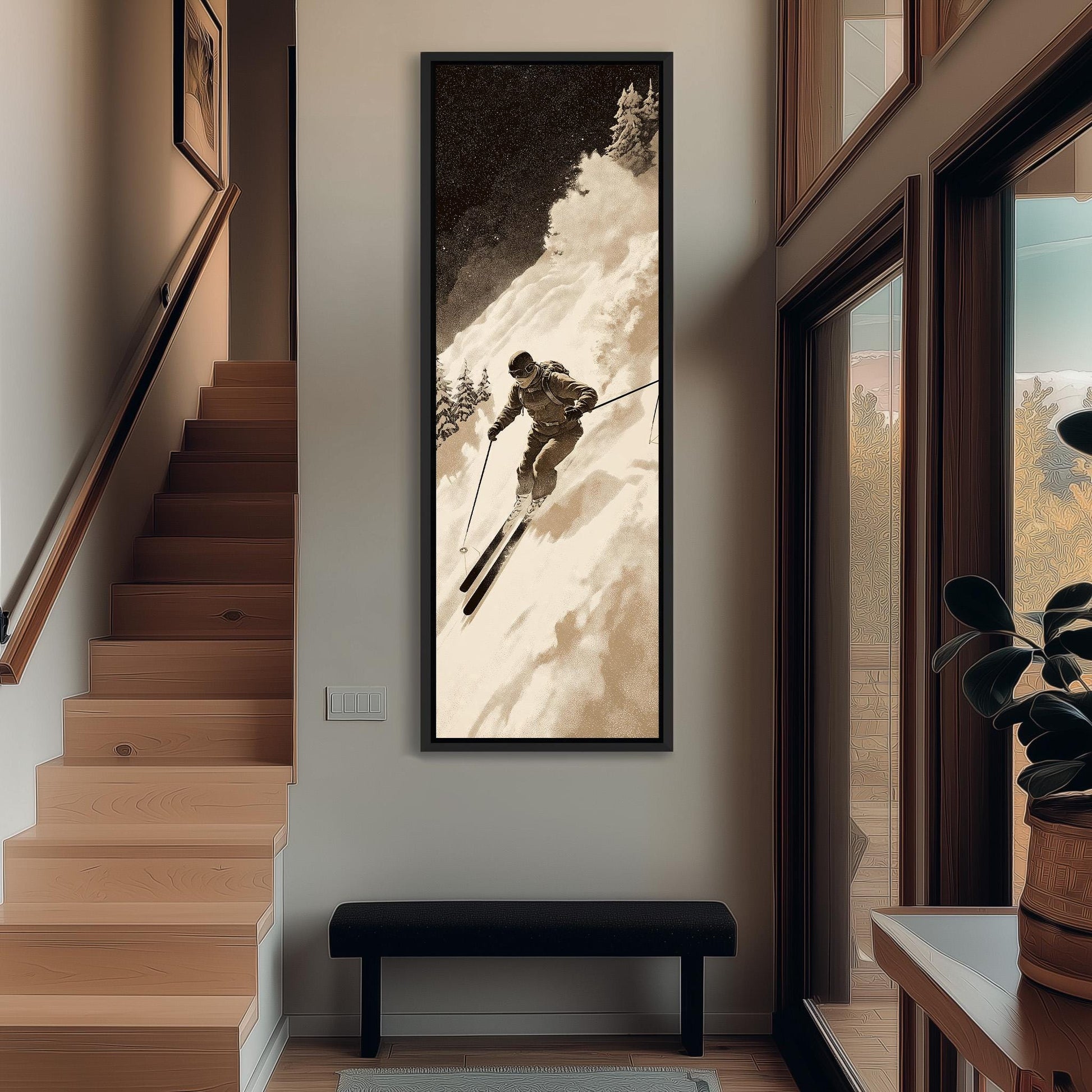 a person skiing down a snowy mountain, with a large framed picture of a skier hanging on the wall.