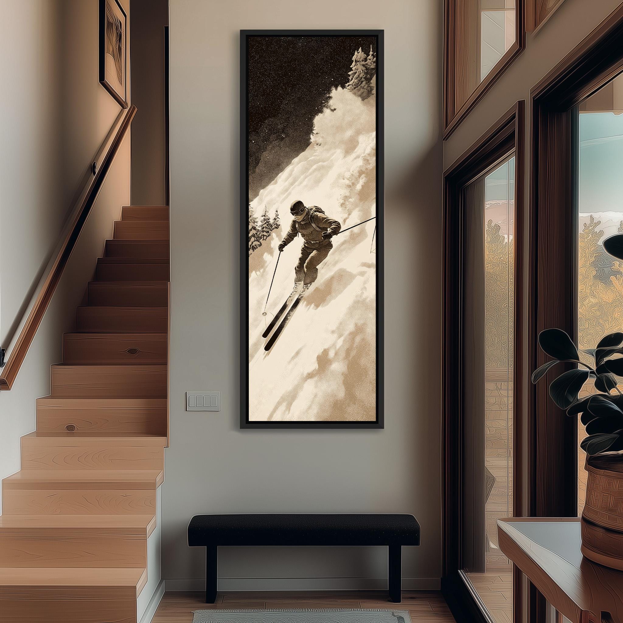 a person skiing down a snowy mountain, with a large framed picture of a skier hanging on the wall.