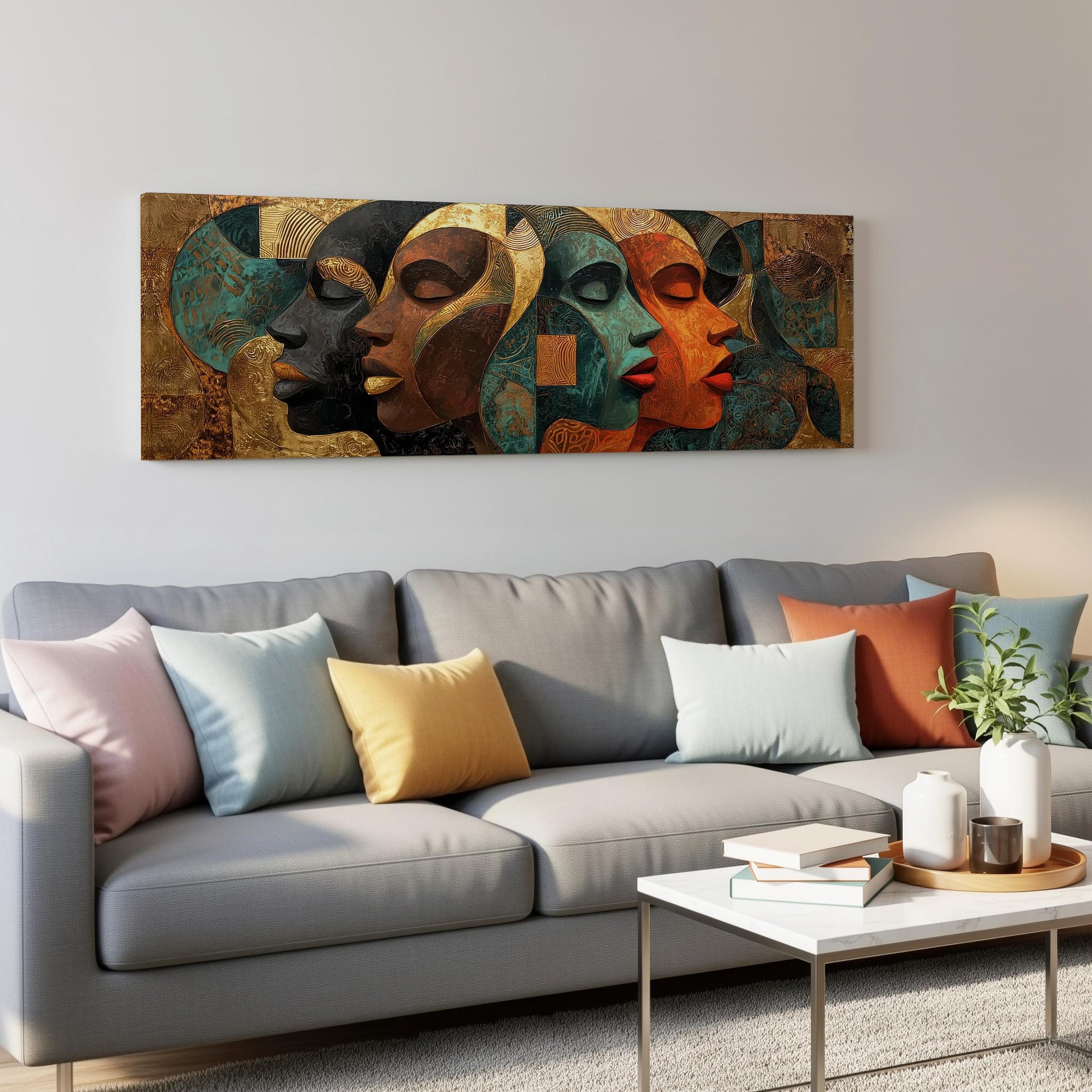 a modern living room with a gray sofa adorned with colorful throw pillows. Above the sofa, there is a large abstract painting depicting four stylized human faces in various colors and expressions.