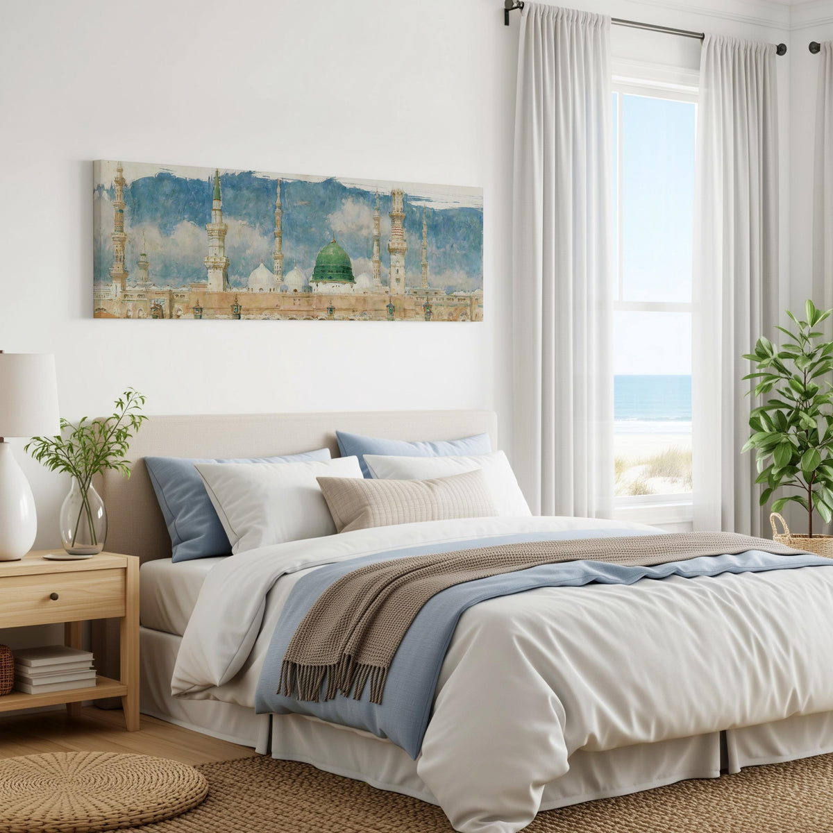 The green dome of the Prophet's Mosque in Medina panoramic canvas print above a bed in a coastal bedroom