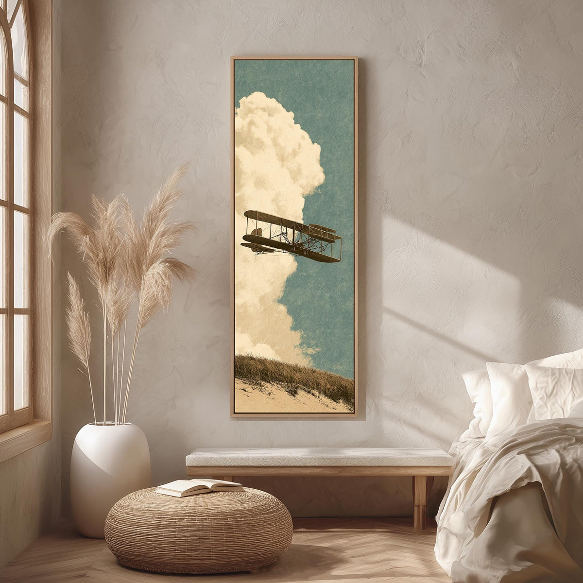 Vintage biplane flying past a tall cloud long vertical canvas print in a bright reading corner