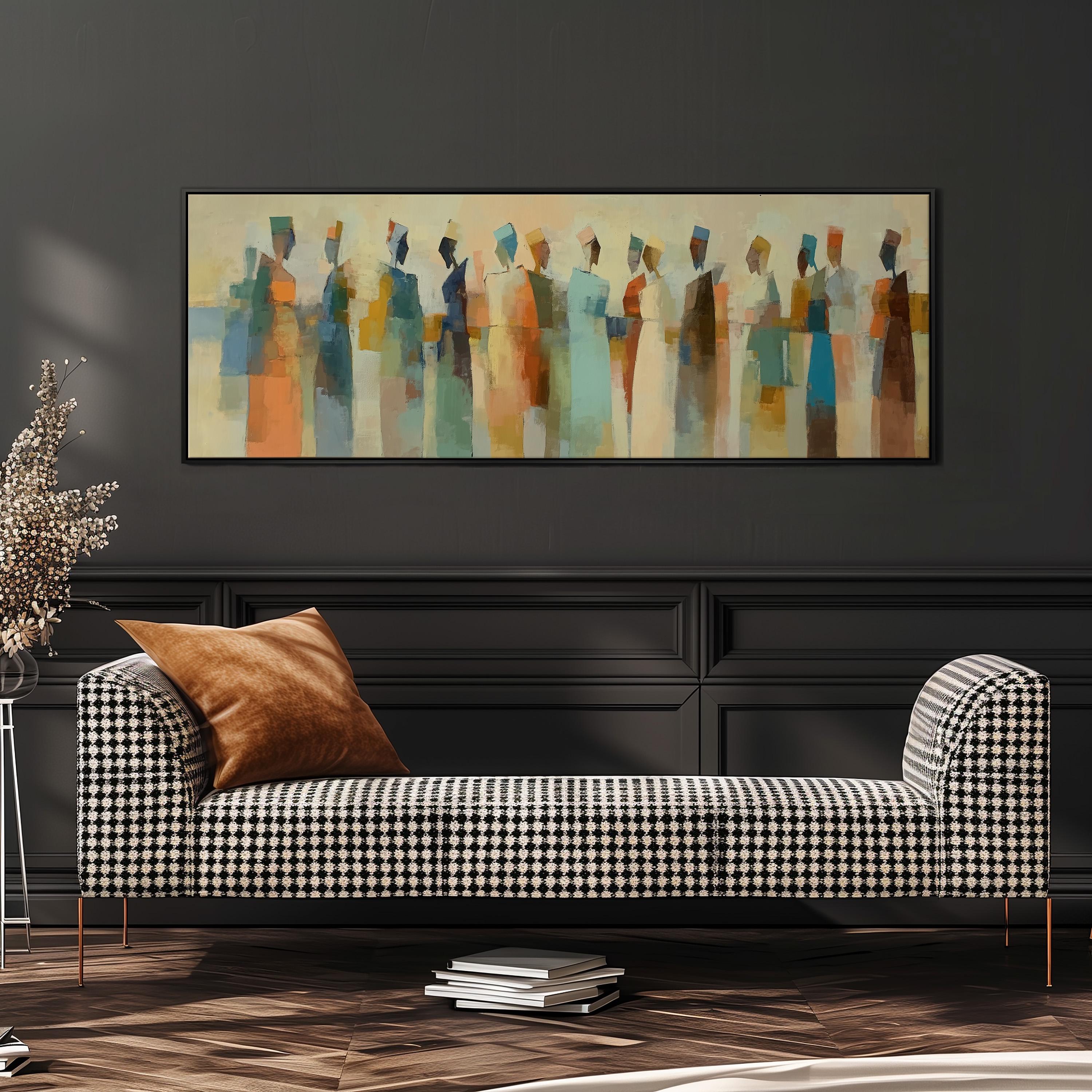 a modern living room with a black and white checkered sofa, a large abstract painting hanging on the wall above it, and a stack of books on the floor.