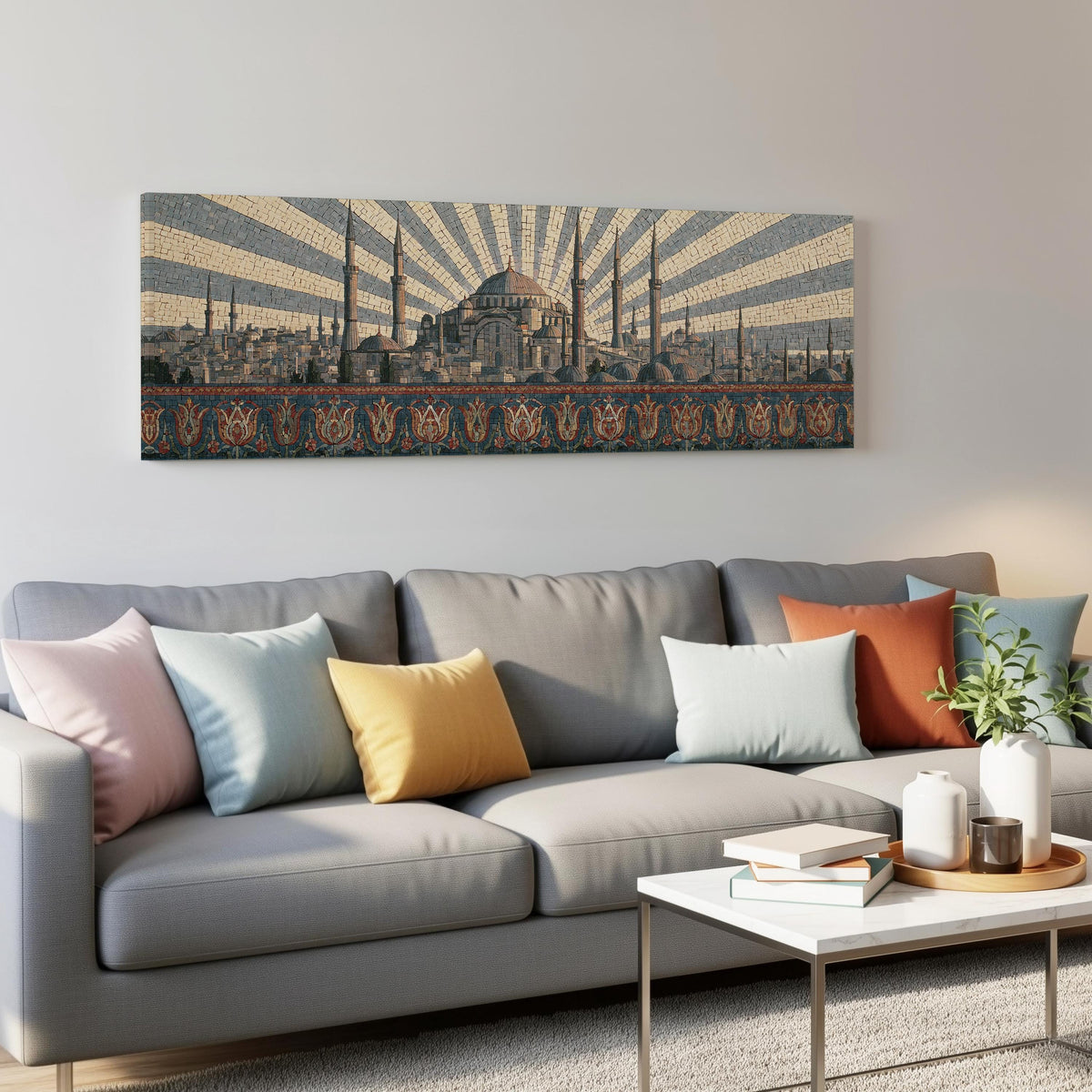 Istanbul skyline at sunrise panoramic canvas print above a grey sofa in a living room