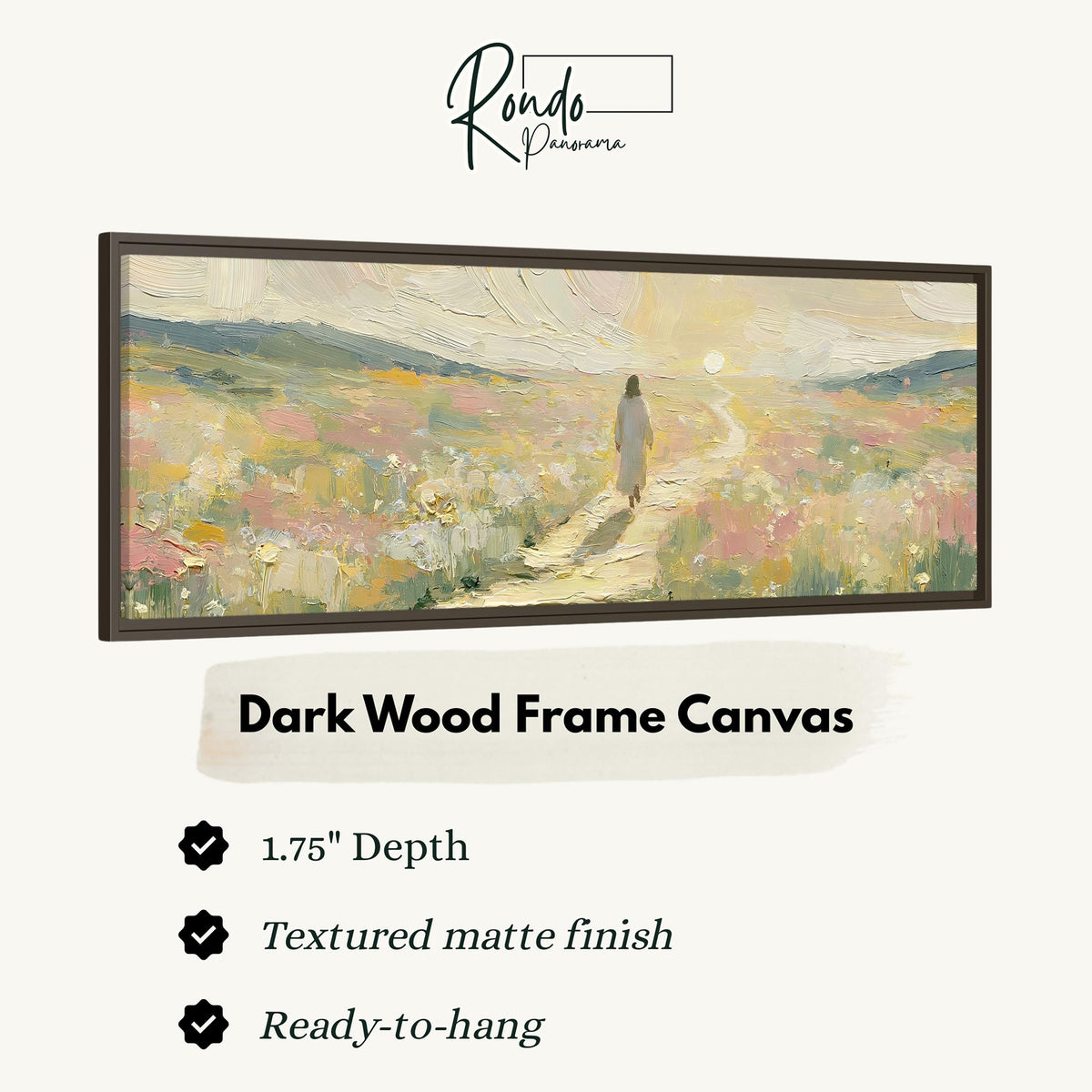 Jesus walking a pastel meadow path canvas print in a dark wood floating frame