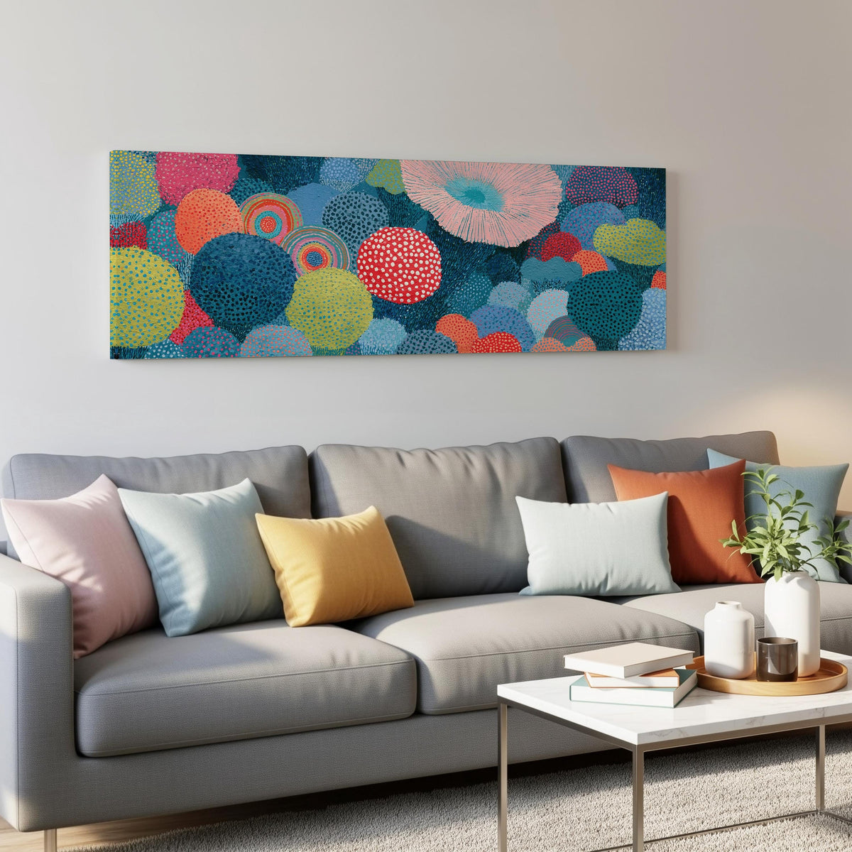 Coral spirals and dotted circles panoramic canvas print above a grey sofa in a living room