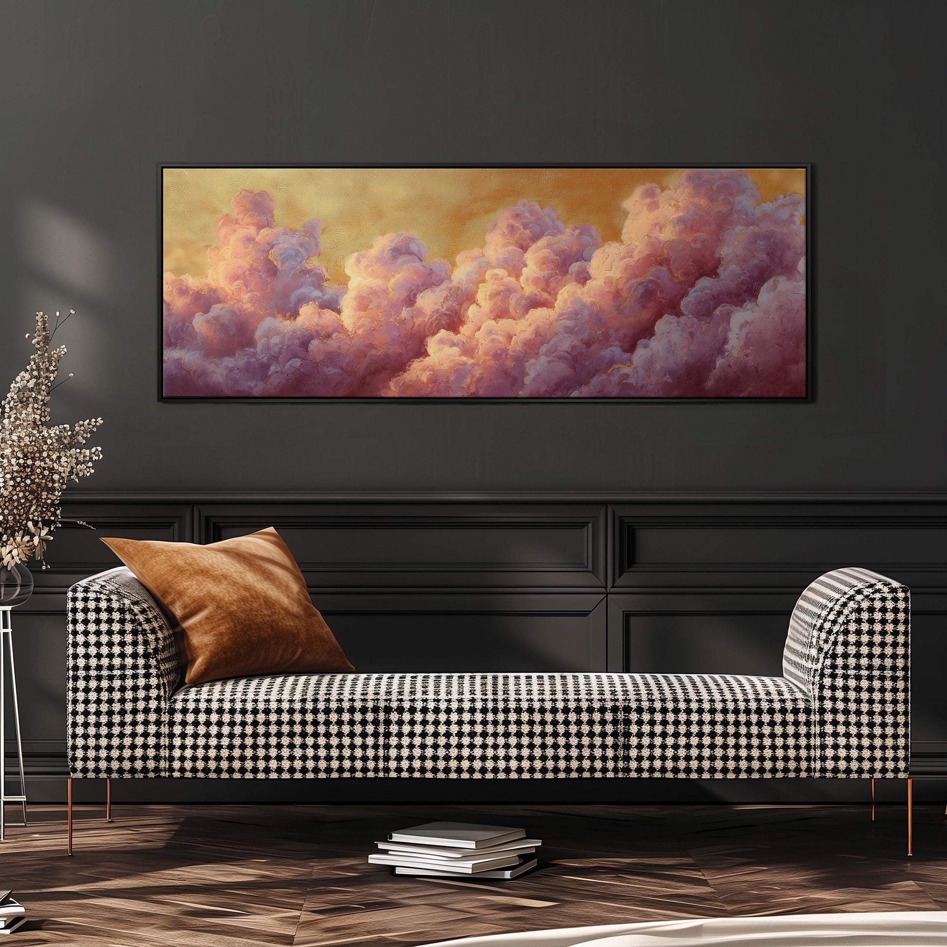 a large, rectangular painting of a cloud-filled sky hanging on a wall above a black and white checkered sofa.