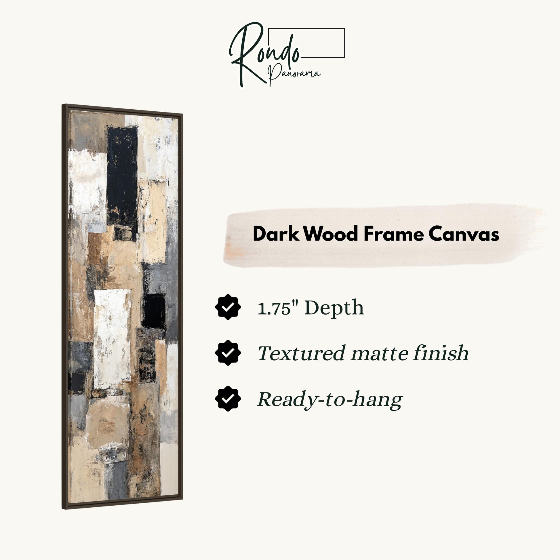 The image is a product advertisement for a dark wood frame canvas. It features a painting of a wooden frame with a textured finish and a description of the product's features.