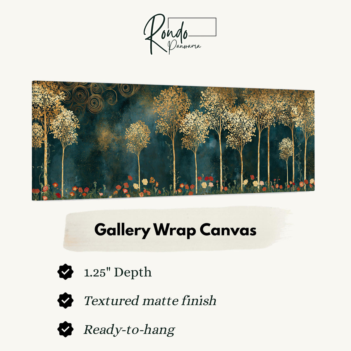 Gold leaf trees above red poppies on teal gallery wrap canvas with the image wrapped around the edges