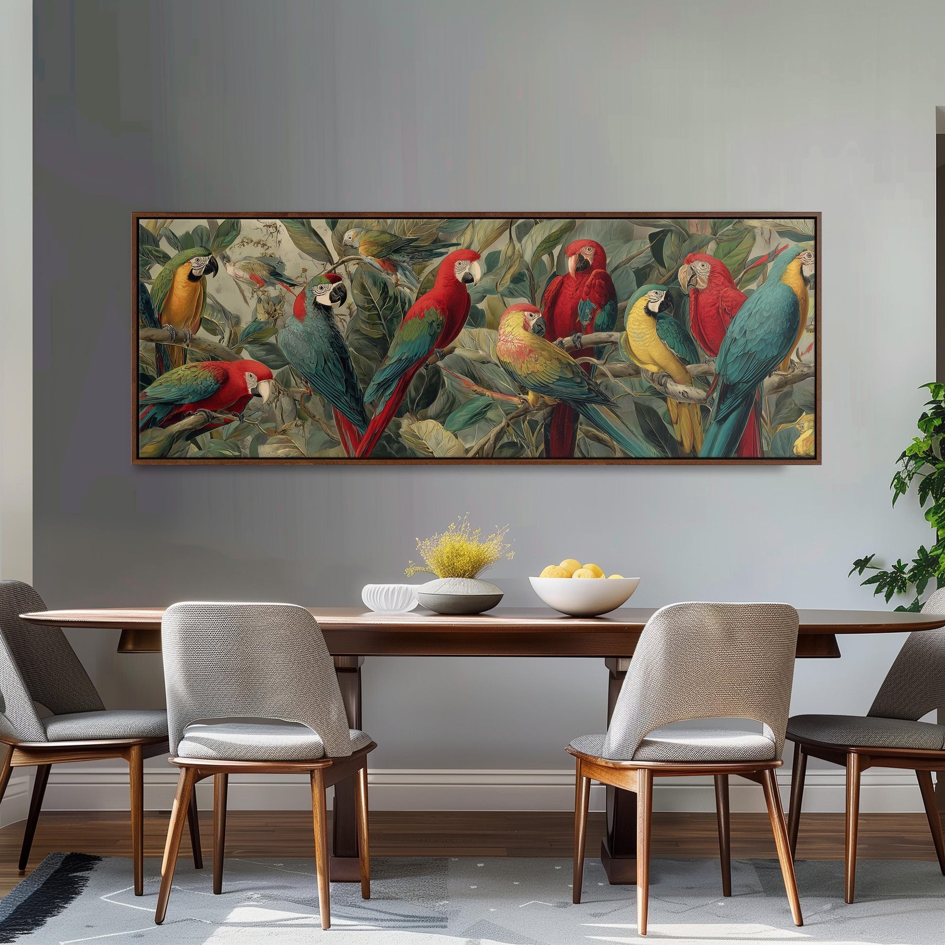 a large painting of colorful parrots perched on branches, hanging on a wall above a wooden dining table with four chairs.