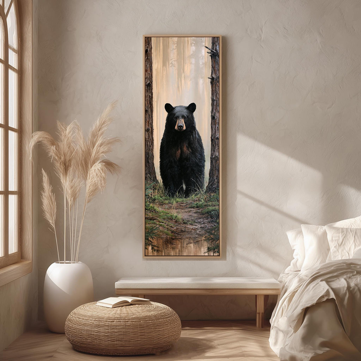 Black bear standing in a foggy forest long vertical canvas print in a bright reading corner