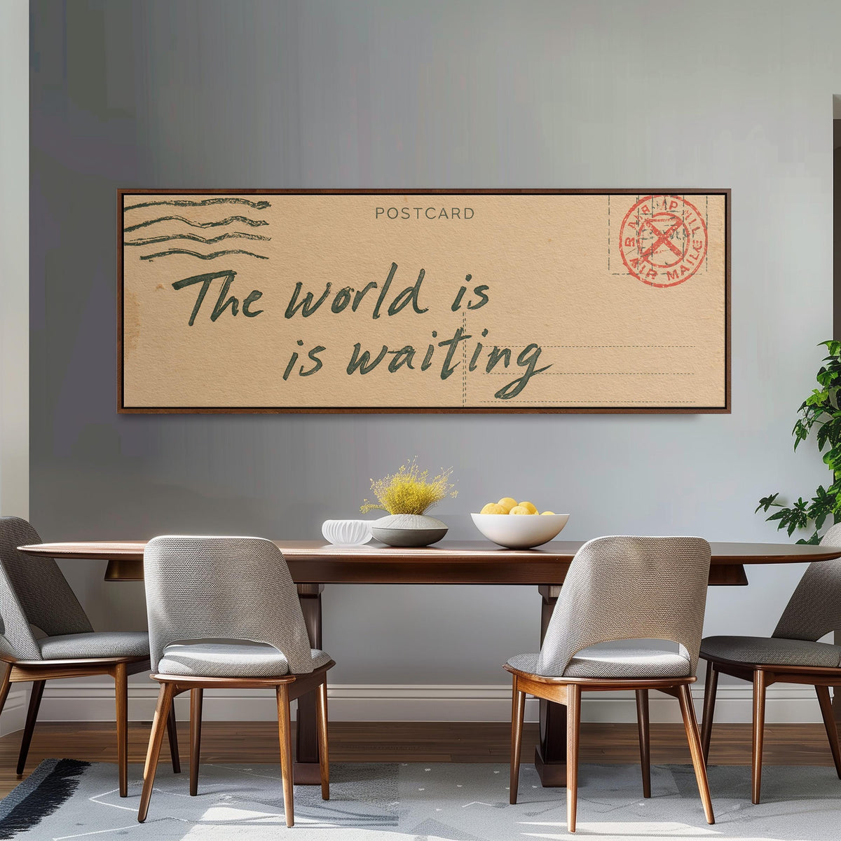 Vintage postcard saying the world is waiting long horizontal canvas print above a dining table