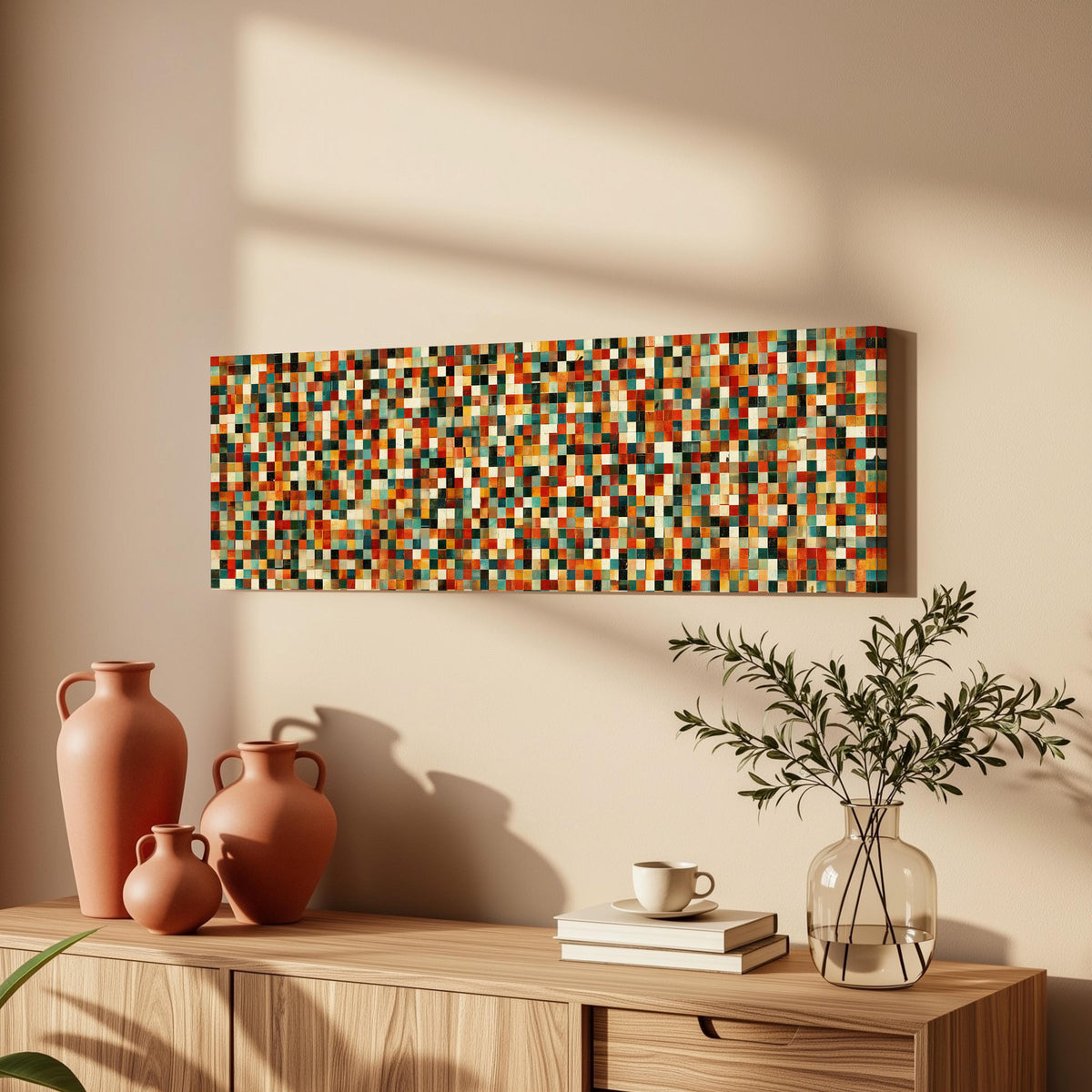 Dense autumn mosaic tiles long horizontal canvas print above a wooden sideboard