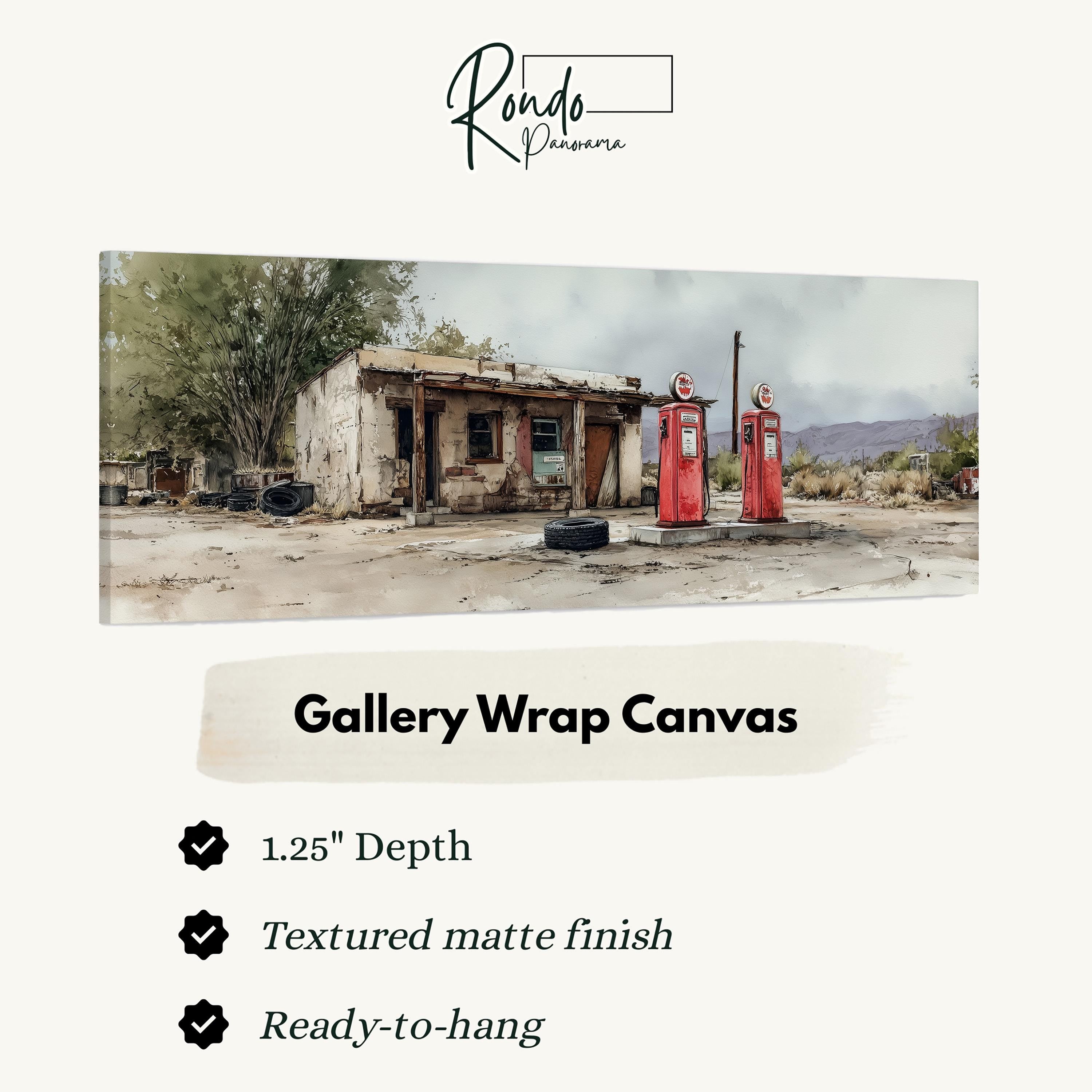 The image is a gallery wrap canvas featuring a dilapidated gas station with two red pumps. The canvas has a 1.25" depth and is textured with a matte finish, ready to hang.