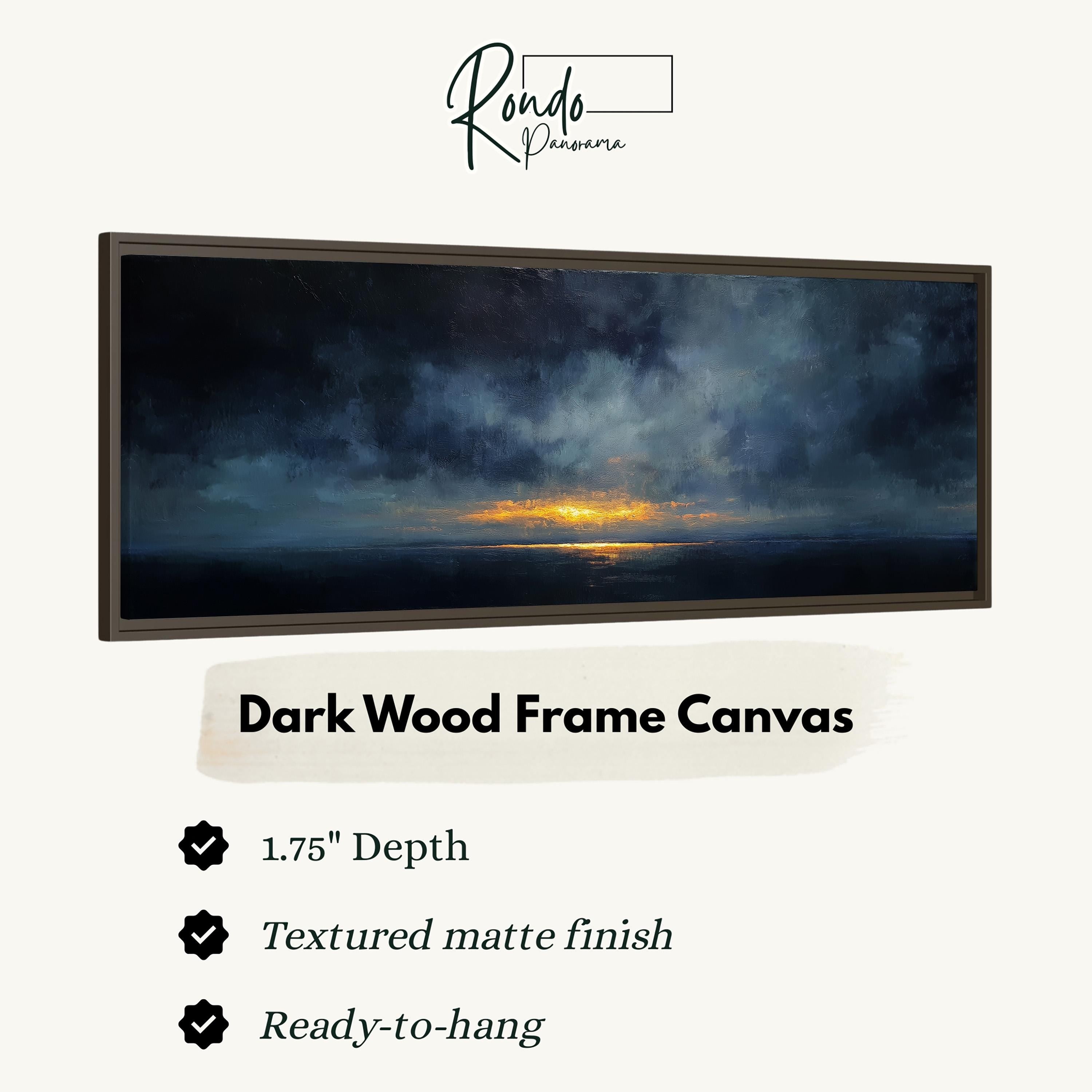 The image is a dark wood frame canvas depicting a serene landscape with a sunset over the ocean.