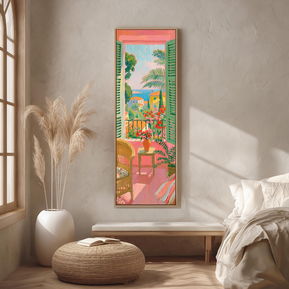 Pink balcony with flowers and a sea view long vertical canvas print in a bright reading corner