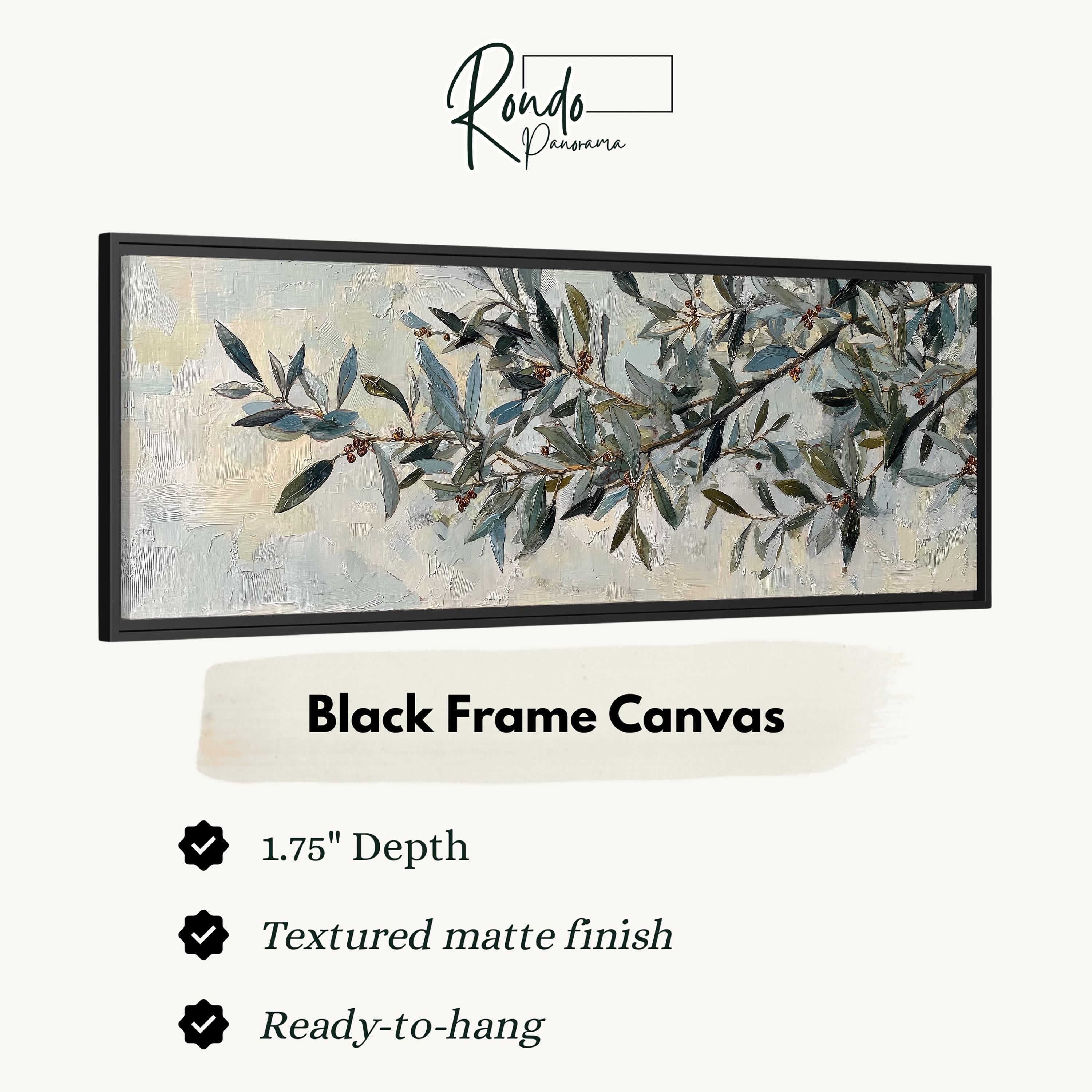 The image is a black frame canvas with a painting of a branch with leaves and berries on it.