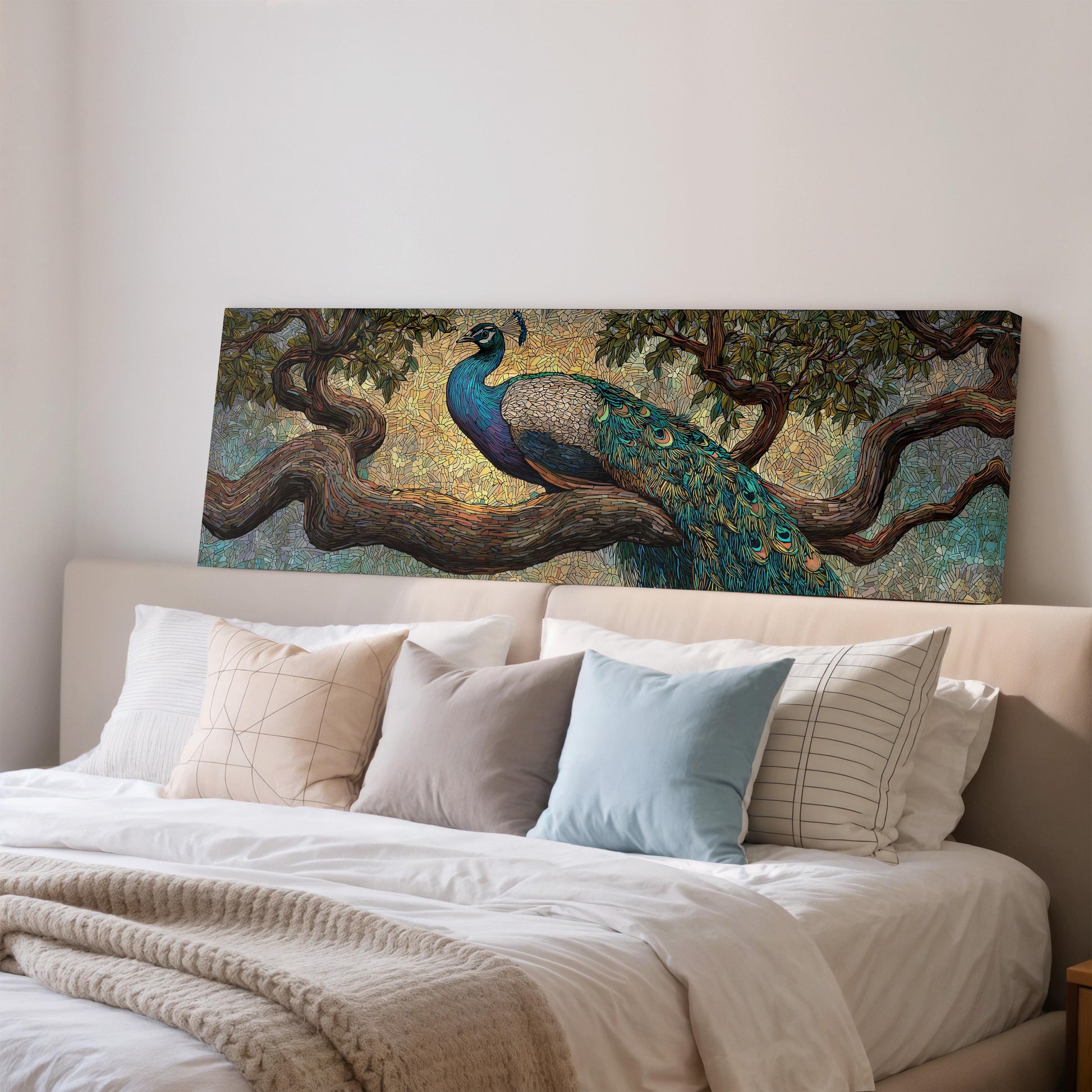 a large painting of a peacock perched on a tree branch, which is displayed on the wall above a bed with white bedding and pillows.