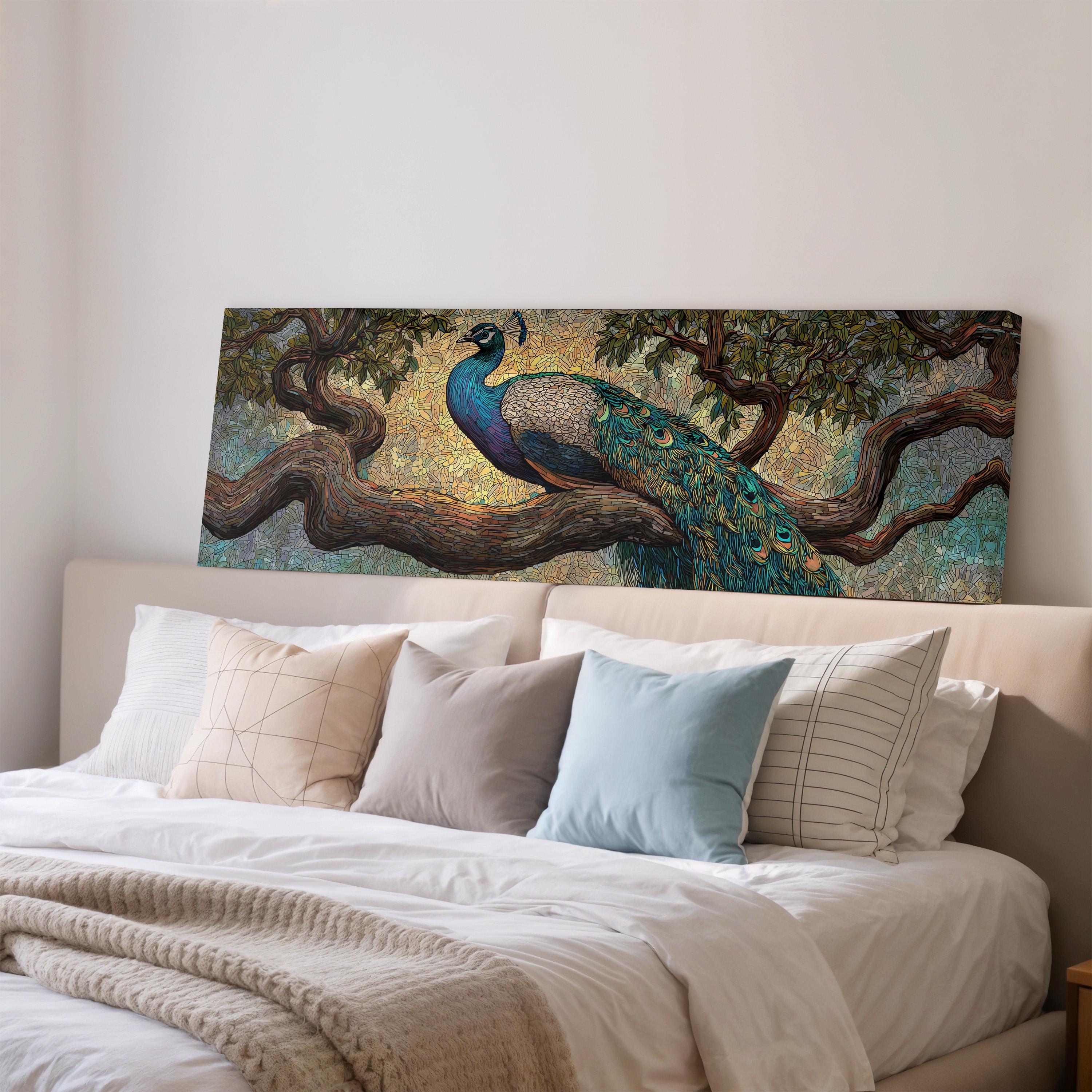 a large painting of a peacock perched on a tree branch, which is displayed on the wall above a bed with white bedding and pillows.