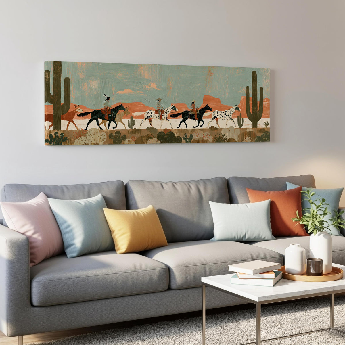 Riders on spotted horses across a red rock desert panoramic canvas print above a grey sofa in a living room